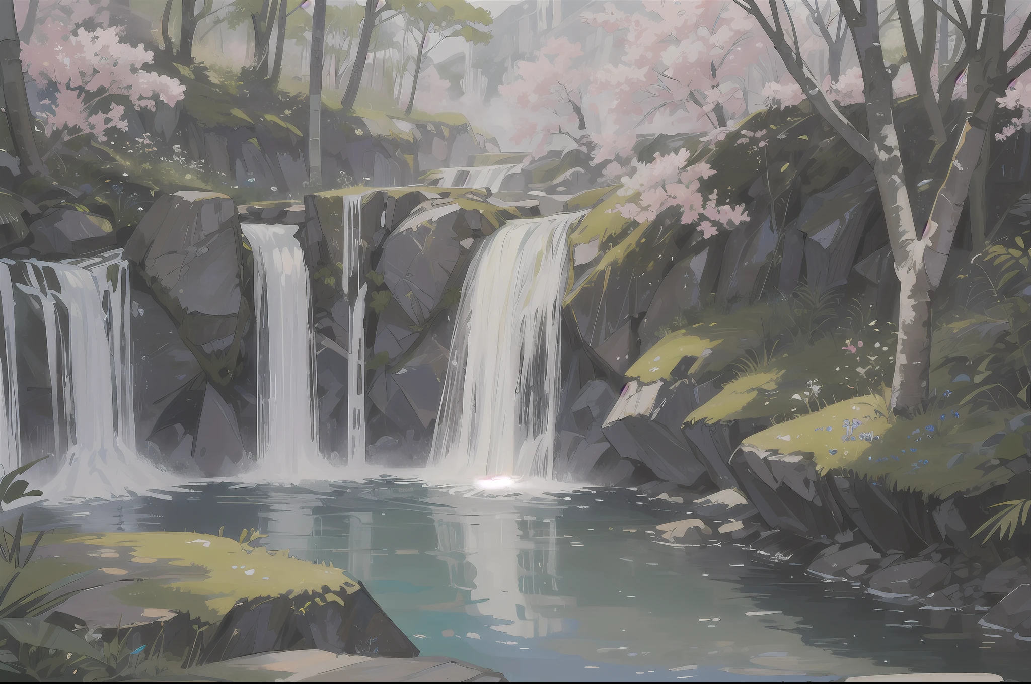 Masterpiece, best quality, 8K, high res, ultra-detailed, A scene of a waterfall cascading down a high cliff amongst lush greenery, adorned by vibrant flowers, towering pines, and delicate bamboo groves,no humans, sakura, beautiful view, ultra-detailed, fine detailed, highly detailed, intricate, highly detailed, ultra-detailed, scenery,no humans, lush green mountains, winding rivers, misty atmosphere, solitary, intricate details, delicate features, verdant trees, blooming flowers, druid's circle, soft moss, deep forest, intricate leaves and vines, wisps of light, still pool of water, pristine, verdant green, A picturesque scene of a waterfall cascading down a high cliff amongst lush greenery, adorned by vibrant flowers, towering pines, and delicate bamboo groves.