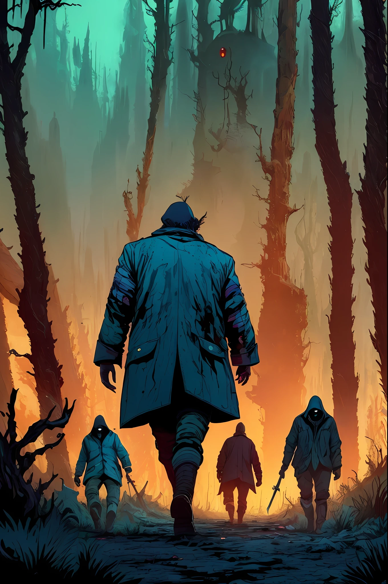 Middle-aged man with blood-stained axe and lumberjack clothes chasing young man in forest, war, horror, cosmic terror, dark tones, morbid atmosphere, nuclear disaster, dystopia, catastrophe, mysticism, occult, creepy,nightmare,blood,Apocalypse, Lovecraft, Anime by Kilian Eng