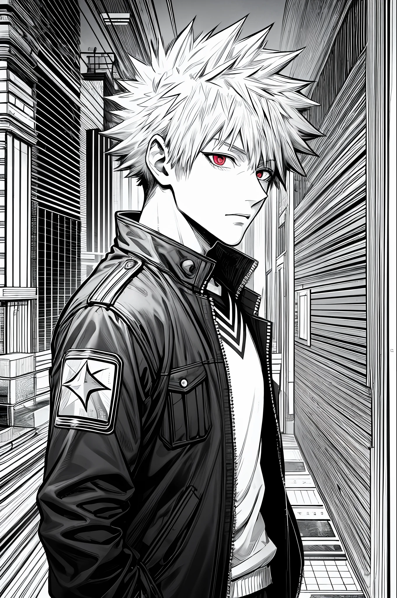 masterpiece, best quality, one man, katsuki bakugou,uniform, hands in pocket,blonde , red eyes, cyberpunk, street, monochrome, line art