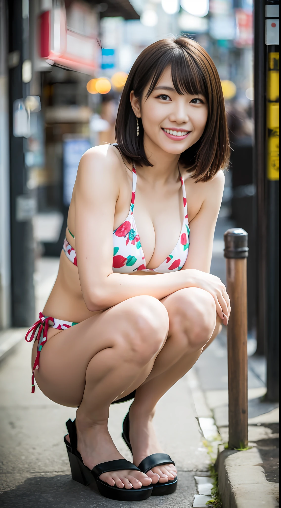 (Representative work: 1.3), (8K, Phototristic, RAW photo, Maximum quality: 1.4), Attractive, Ultra high quality, Ultra realistic, High Quality, Beautiful Japan woman, Bikini, Simple background, city, squat, smile,