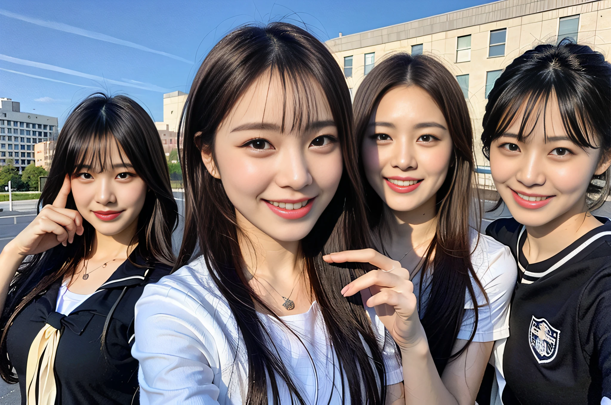 (8k, RAW photos, top quality, masterpiece: 1.2), ultra detail, super resolution, (realistic, actual photos: 1.37), (photorealistic: 1.6), eating lunch on the roof of the school. , Fantastic scenery, cute lunch box, Gakko rooftop, lunch break, fashionable school, futuristic city, school of the future, future world, fantastic world, new world, high resolution RAW color photo, professional photo, very detailed and beautiful, (pointing at the camera), real light (with both hands wide open and palm facing us), smile so much that you can see your teeth, beautiful scenery mixed with light, Very detailed sailor suit, amazingly cute female proofreading, amazing cute smile, transcendent cute face, amazing details, red scarf, very detailed beautiful girls, different pattern face, one is a ponytail, modern cute schoolgirl, very detailed face very detailed eyes, very realistic skin, very detailed fingers, very detailed nose, very detailed mouth, perfect anatomy, Highly detailed sailor suit, highly detailed background,after school,。 full of smiles, long straight hair, (dull bangs: 1.2), Celebrity level cuteness, high school girl youth (pink eye shadow)