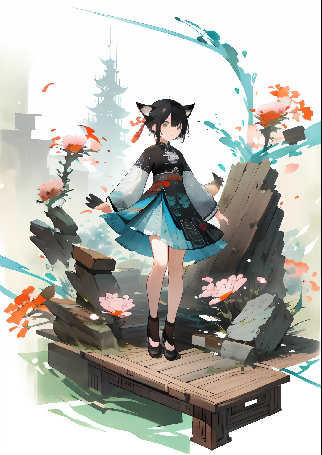 Flowers and cats, [(white background:1.5)::5], medium view, full body, chinoiserie, flowers, stone fragments, beautiful and delicate water, wooden floor,