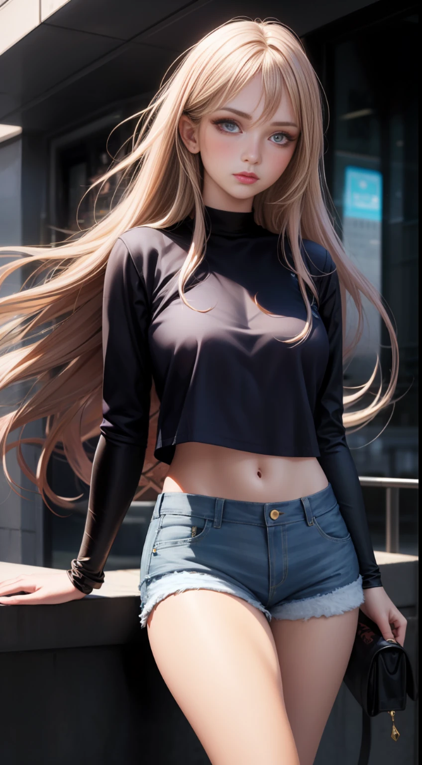 Realistic, (1girl), flowing hair, purple eyes, glowing eyes, T-blood top, denim shorts, parted lips, blush, natural shadows,