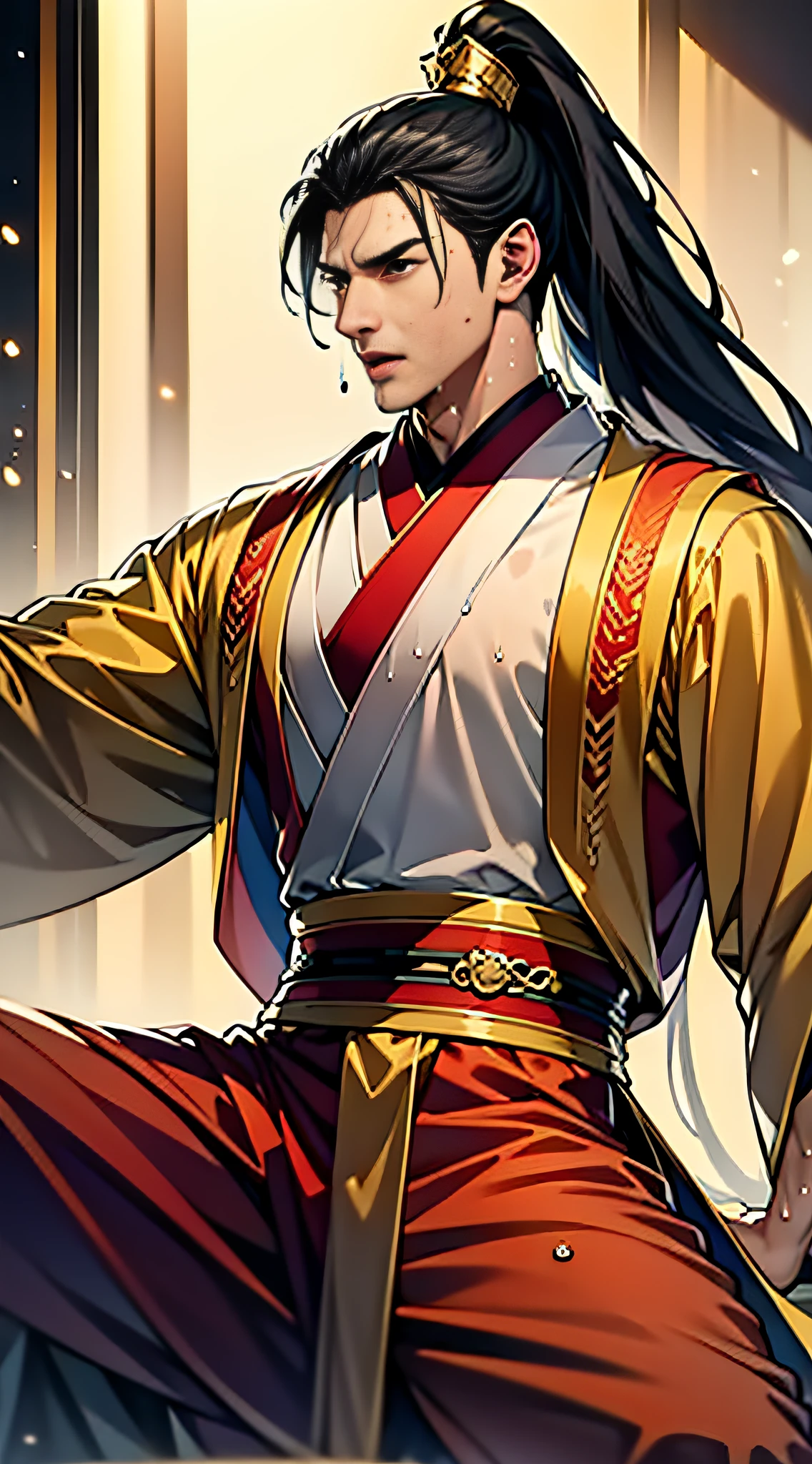 Two-dimensional, anime style, man (male warrior), squat, crotch sweat, crotch sweat, muscle, correct proportions, face details, martial arts, high ponytail hairstyle, sweating, pectoralis sweating, abdominal sweating, face sweating, drooling, neck details, with Adam's apple, wet, wet, Hanfu costume, long robe, embroidered robe, dragon robe, clothes details, collar, long sleeves, game quality, swordsman demeanor, light and shadow tracing, ray tracing, detail glow, CG rendering, hair details, long black hair, golden eyes, sweaty face, handsome, handsome, sweat beads slipping down the neck, (juvenile feeling), complex clothing, wet, wet, perfect composition, refinement, high quality, more details, a lot of details, complex background, atmosphere,