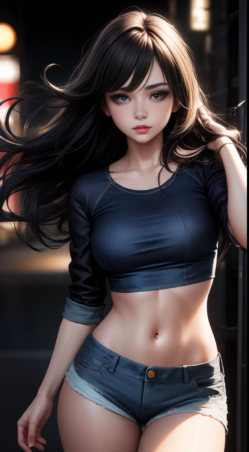 Realistic, (1girl), flowing hair, purple eyes, glowing eyes, T-blood top, denim shorts, parted lips, blush, natural shadows,