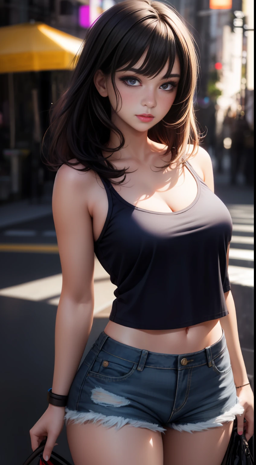 Realistic, (1girl), flowing hair, purple eyes, glowing eyes, T-blood top, denim shorts, parted lips, blush, natural shadows,