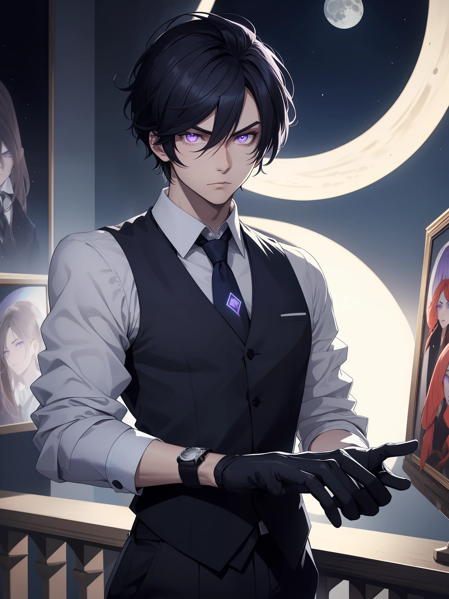 25-year-old man wearing vest and dress shirt with sleeves folded with gloves elegantly, social hair with paintings on the sides with moon and Dna patterns, wearing a fluorescent blue watch and purple eyes, with an evil look