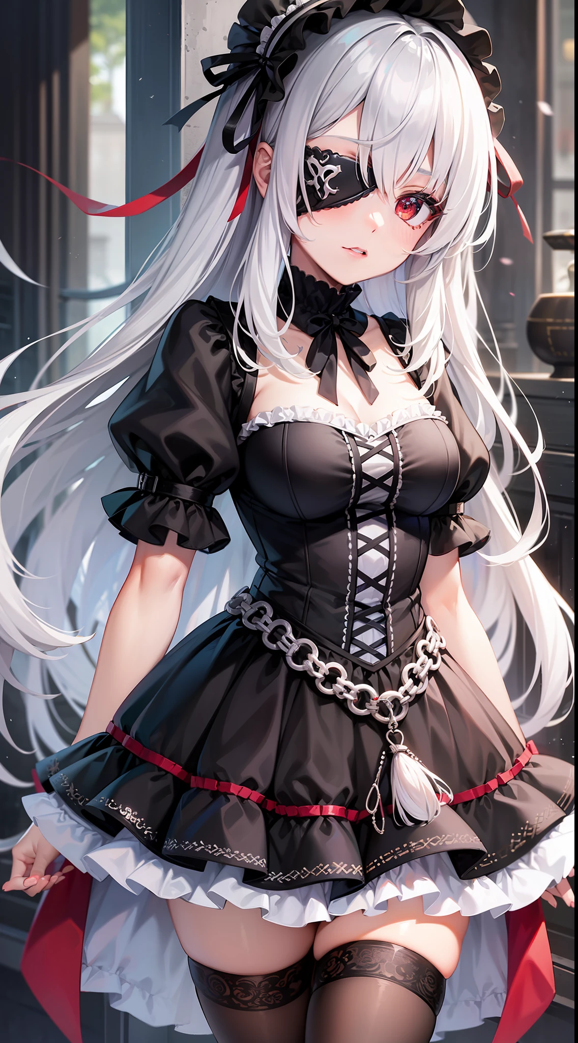 Top Quality, Ultra High Quality, 8K, Super Beautiful, 1girl, Silver Hair, Eye Patch on Left Eye, Detailed Pupil, Gothic Lolita, Goth Loli, Annuit, Red Eyes,