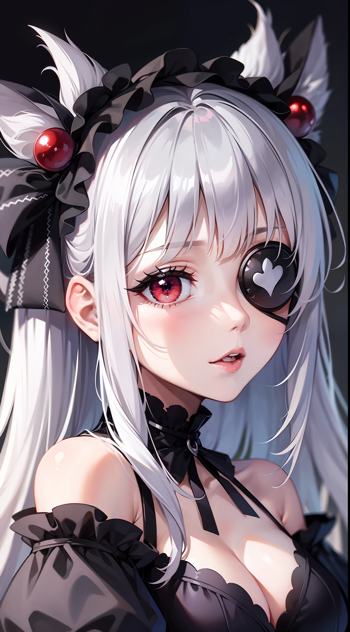 Top Quality, Ultra High Quality, 8K, Super Beautiful, 1girl, Silver Hair, Eye Patch on Left Eye, Detailed Pupil, Gothic Lolita, Goth Loli, Annuit, Red Eyes,