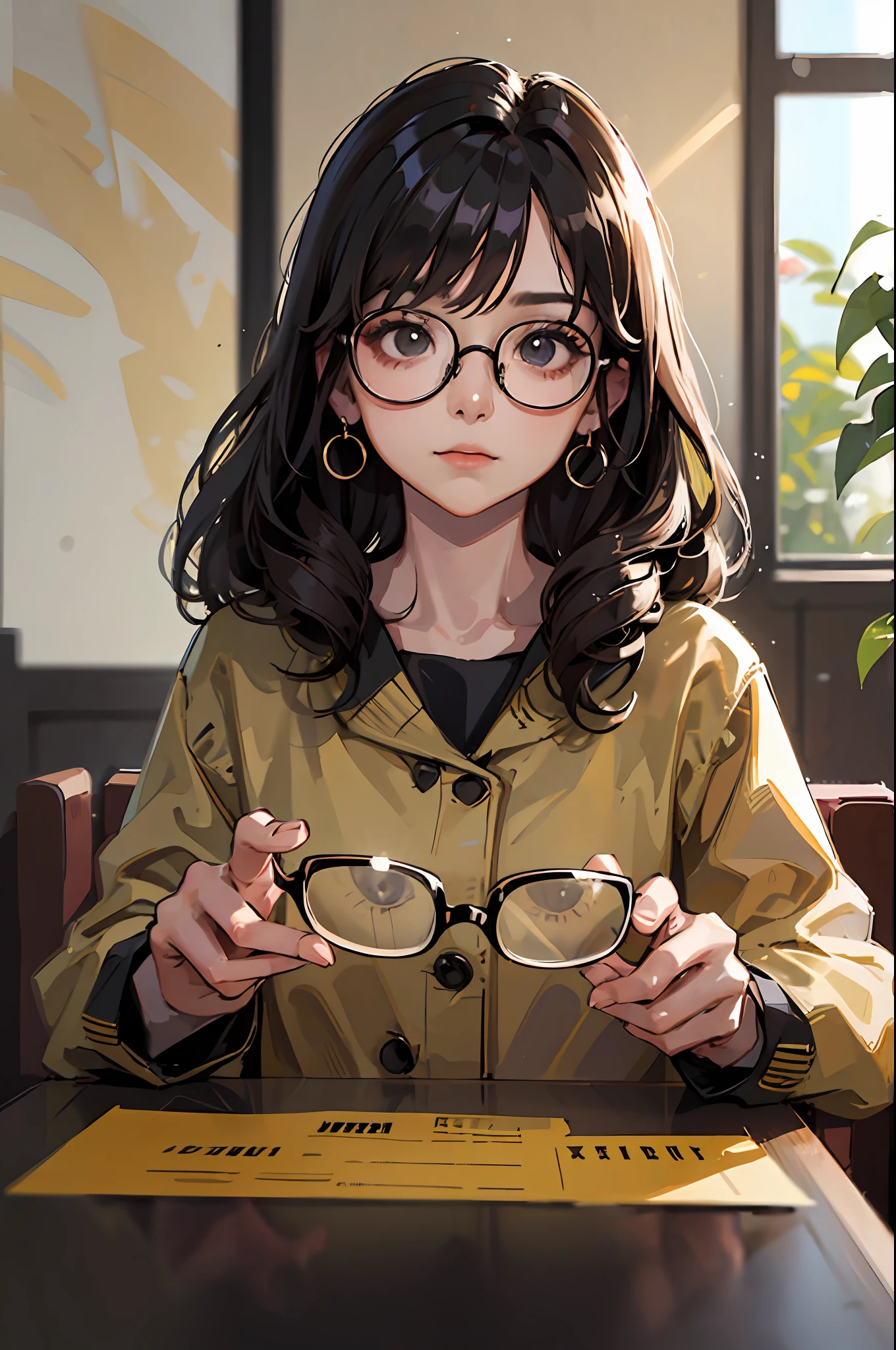 a close up of a person wearing glasses, with black eyeglasses, wearing eyeglasses, wearing small round glasses, wearing thin large round glasses, wearing black frame glasses, without glasses, !!wearing modern glasses!!, betty la fea, eyeglasses, south east asian with round face, girl wearing round glasses, wearing medium - sized glasses, rounded eyeglasses --auto --s2