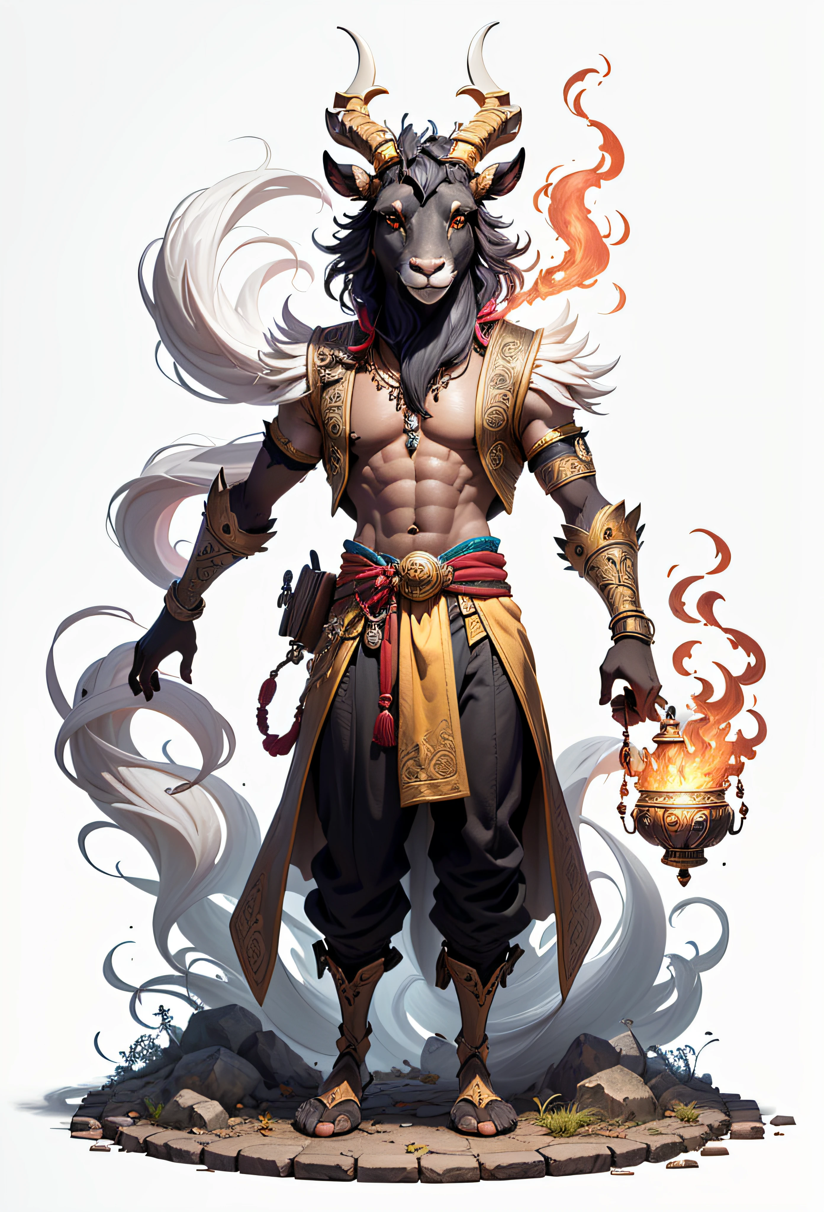 Black giant goat African antelope giant,she is genyil, funny and is smiling with beautiful teeth, cartoon illustration 3 d,, black, with long chimes in light gray color, is a hybrid being, from the citura to the giant black palanca and from the waist down the smoky body of a genie of the lamp of the tales of Aladdin, the two parts are divided by a red band, the being held in one hand a bell, which make a small curvature at 35 degrees back, a band of white hair passes between his eyes and follows the same shade of hair around the nostrils and mouth, the goat smiles with long white teeth, his body is from the neck down as if it were a genie coming out of a magic lamp, full body, opening arms pos, trend of complex concept art highly detailed with low eyes and poly artstation Phoenix Phoenix 8kDisney with fire feathers, sharp claws, warm lighting and a determined mood Disney white background, 8k, CMYK - borderless