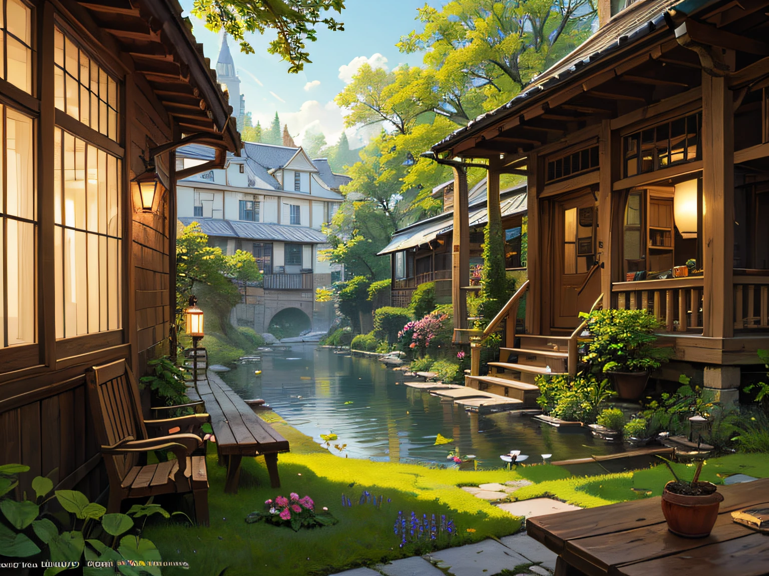 (micro-landscape:1.5),(best quality), ((masterpiece)), (highres), illustration, original, extremely detailed wallpaper, no humans, window, scenery, plant, water, potted plant, outdoors, building, door, house, flower pot, day, lily pad, chair, flower, table, stairs, watermark, hat, tree, sunlight, pond, grass, indoors, reflection, lamp, balcony, black headwear, bush, sky, railing, desk, open window, shelf, leaf, book, web address, copyright name, ladder, architecture, shadow, solo, dated, vines, vase, city, cafe, lantern, bucket, ruins, bench, shop, signature, moss, boat, barrel, river,