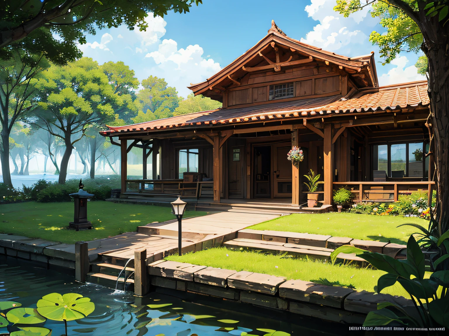 (micro-landscape:1.5),(best quality), ((masterpiece)), (highres), illustration, original, extremely detailed wallpaper, no humans, window, scenery, plant, water, potted plant, outdoors, building, door, house, flower pot, day, lily pad, chair, flower, table, stairs, watermark, hat, tree, sunlight, pond, grass, indoors, reflection, lamp, balcony, black headwear, bush, sky, railing, desk, open window, shelf, leaf, book, web address, copyright name, ladder, architecture, shadow, solo, dated, vines, vase, city, cafe, lantern, bucket, ruins, bench, shop, signature, moss, boat, barrel, river,