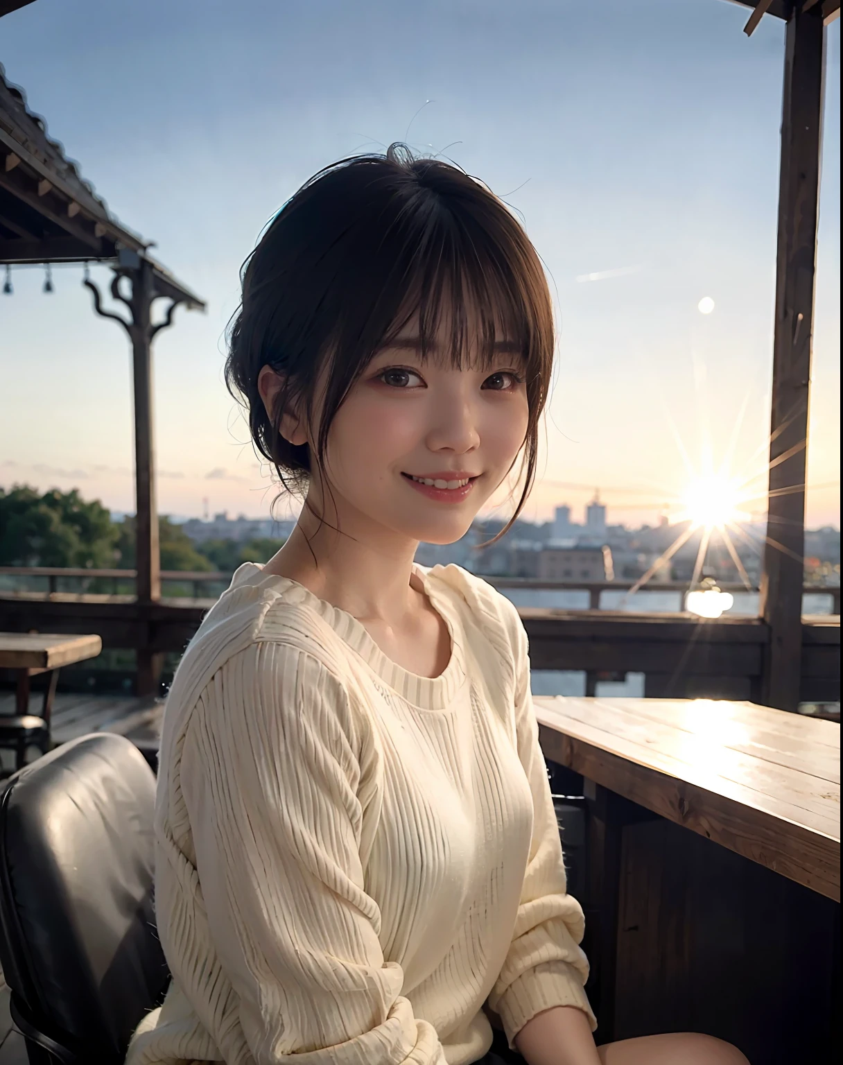 (8K, Best Quality, Masterpiece: 1.2), (Realistic, Photorealistic: 1.37) Hi-Res, Super Detail, 1 Girl Asian, Cute, Cute Face, Solo, Short Hair 1.2, Textured Skin, Beautiful Smile, Beautiful Detailed Sky, Detailed Cafe, Night, Movie Lighting, Depth of Field, Lens Flare Light, Seated, Dating, (Blushing), (Smile: 1.15) Nova Frog style, floating hair, (short hair: 1.2), small breasts (mouth closed), eyes with beautiful details, (sweater: 1.1), wearing casual clothes at night, wet, white lace, (short hair: 1.2),