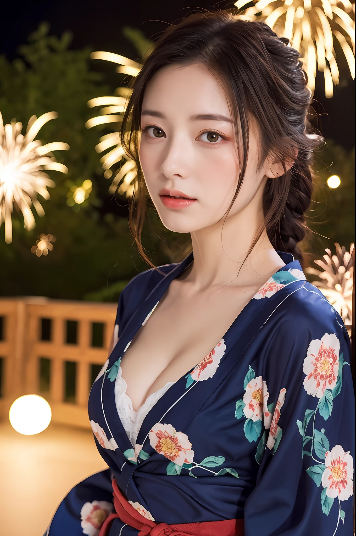 ((masterpiece, highest quality, super definition, high definition)), solo, beautiful girl, shining eyes, perfect eyes, beautiful sister of Japan, large and fluffy yukata, pronounced cleavage, voluminous breasts, yukata with red floral pattern, background is night fireworks, high image quality, 4K.
