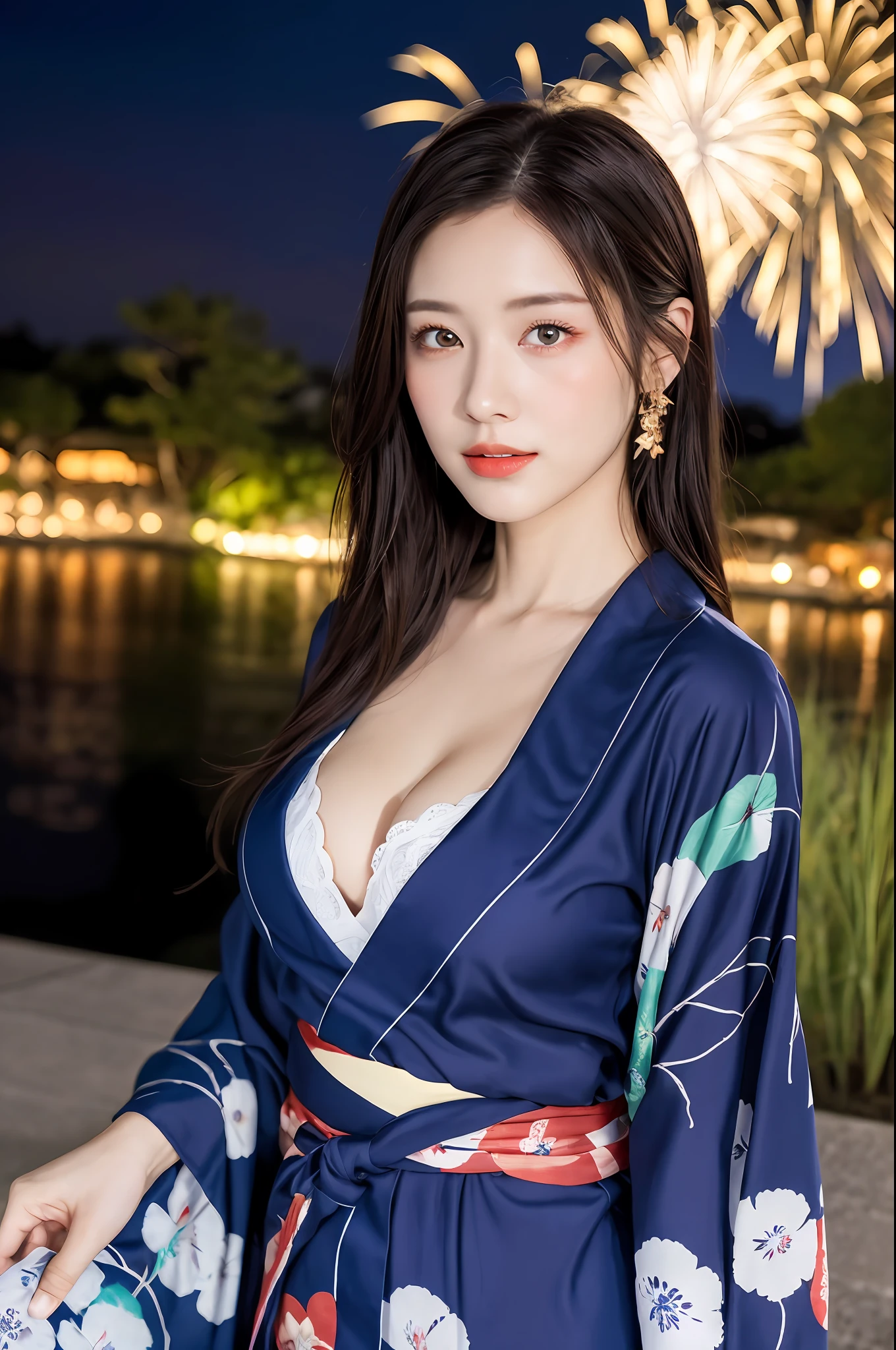 ((masterpiece, highest quality, super definition, high definition)), solo, beautiful girl, shining eyes, perfect eyes, beautiful sister of Japan, large and fluffy yukata, pronounced cleavage, voluminous breasts, yukata with red floral pattern, background is night fireworks, high image quality, 4K.