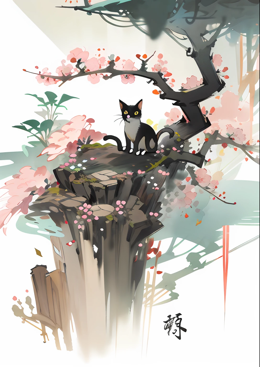 Sakura and cat, [(white background:1.5)::5], medium view, full body, chinoiserie, flowers, stone fragments, beautiful and delicate water, wooden floor,