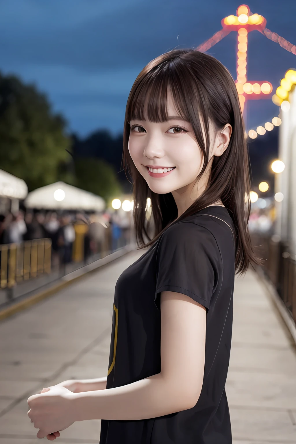 masterpiece, top quality, highly detailed CG Unity 8k wallpaper, cute girl, girlfriend, casual clothes, smile, amusement park, night, detailed background, from the side,