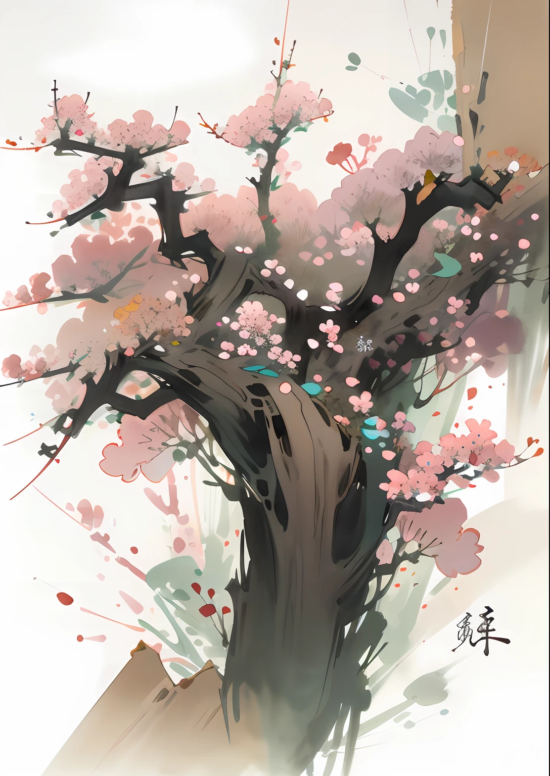 Sakura and cat, [(white background:1.5)::5], medium view, full body, chinoiserie, flowers, stone fragments, beautiful and delicate water, wooden floor,
