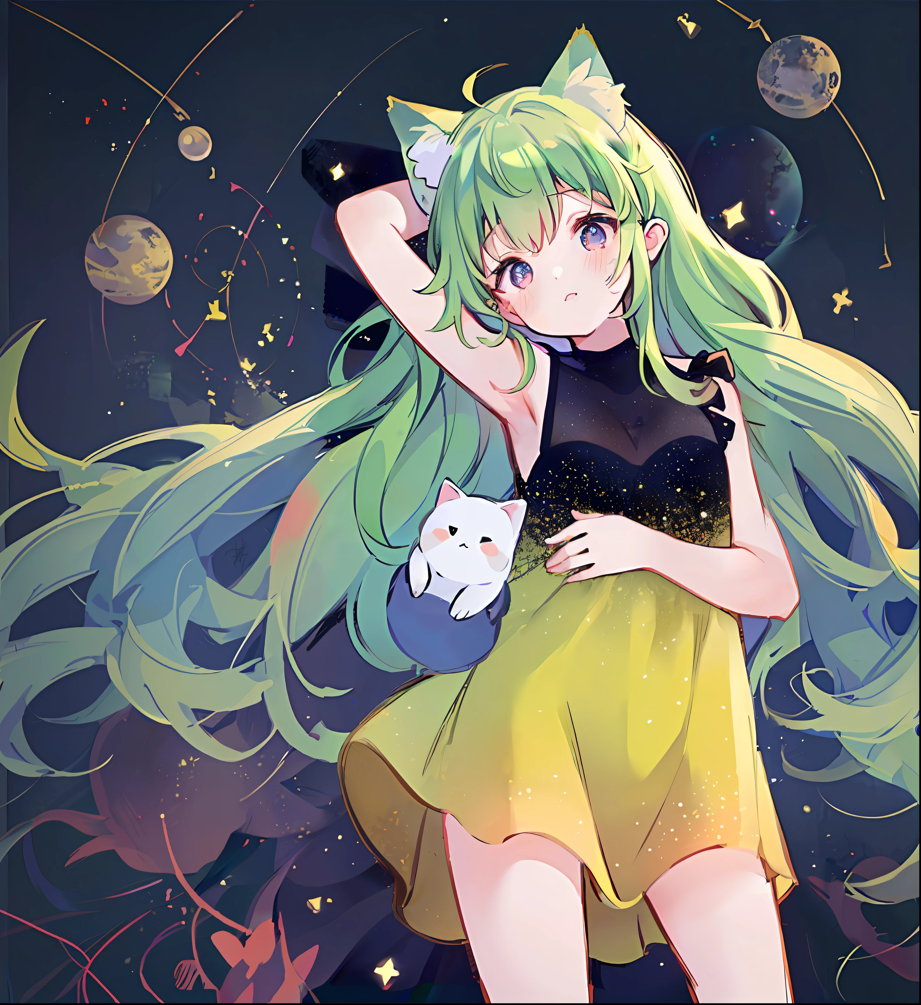 anime girl with green hair and a cat in her arms, beautiful anime catgirl, cute anime catgirl, anime catgirl, anime girl with cosmic hair, very beautiful anime cat girl, anime style illustration, marin kitagawa fanart, loish |, soft anime illustration, digital anime illustration, jazza and rossdraws, catgirl, anime style portrait