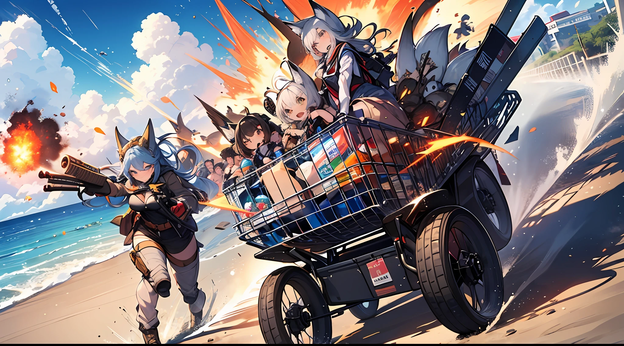 shopping cart,explosion,shopping,beach,fox girls,, zooming through the streets, riding in the shopping cart, military uniforms, soldiers, stuffing the cart with weapons and ammunition, summer, beach, explosion, action-packed scene, dynamic poses, adrenaline-filled adventure, vibrant colors, fox girl, shopping, action, beach.
