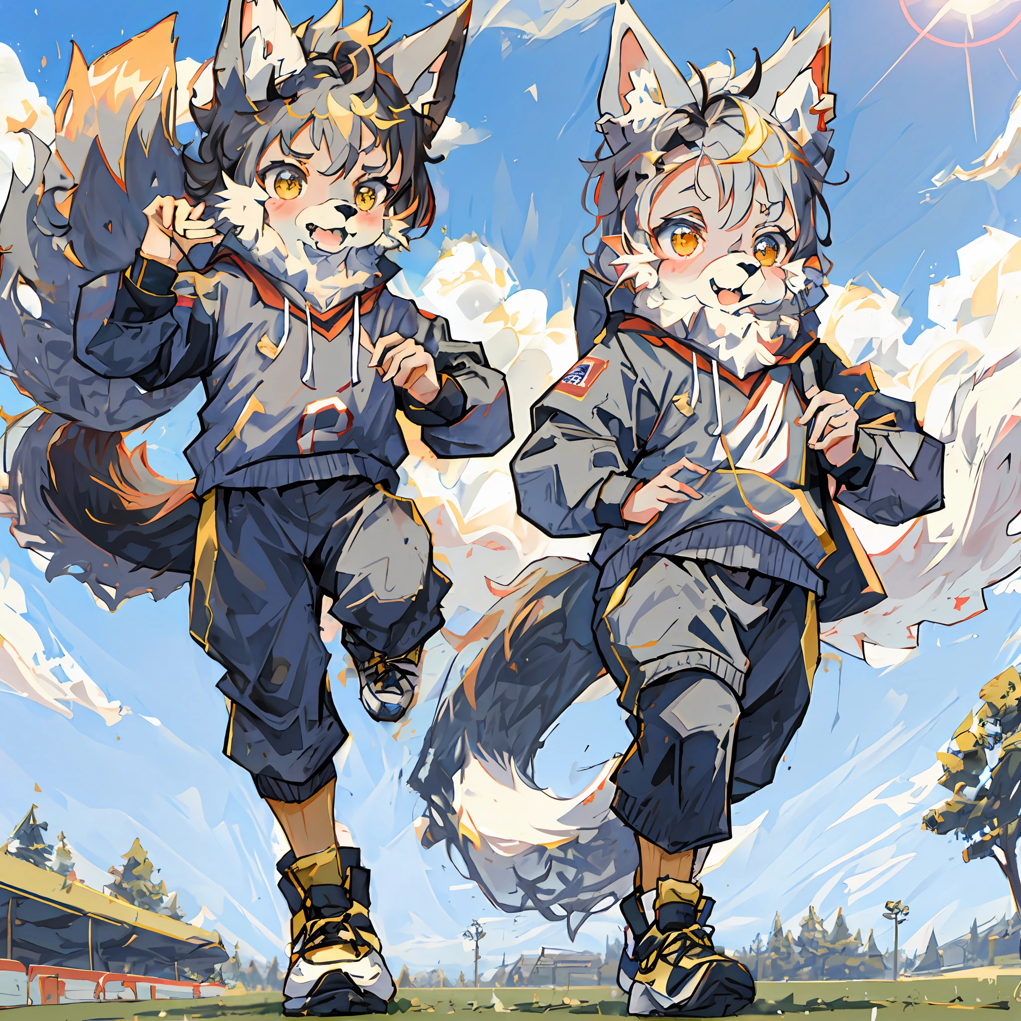 (Best Quality), (Masterpiece), ((Single)), (Ultra Detailed), (Furry), Full Furry, Furry, Shota, (Male Canine: 1.5), (Gray Skin: 1.3), (Fluffy Tail: 1.2), Character Focus, (Golden Eyes), (Canine Paws), (The main body of the ear is gray but the tip of the ear is golden red to the back of the ear), (there is a pinch of red hair on the forehead), (the tail is gray-black dragon's tail), (The meat pad is pink) (the dragon's tail is covered with golden fluff) (the eyebrows are golden yellow), sharp focus, (furry feeling of animal ears), (sports), ((wearing a football suit)), (playing football))), ((running)), (dribbling), sweating, on the football field, detailed background, sunny sky, blue sky and white clouds