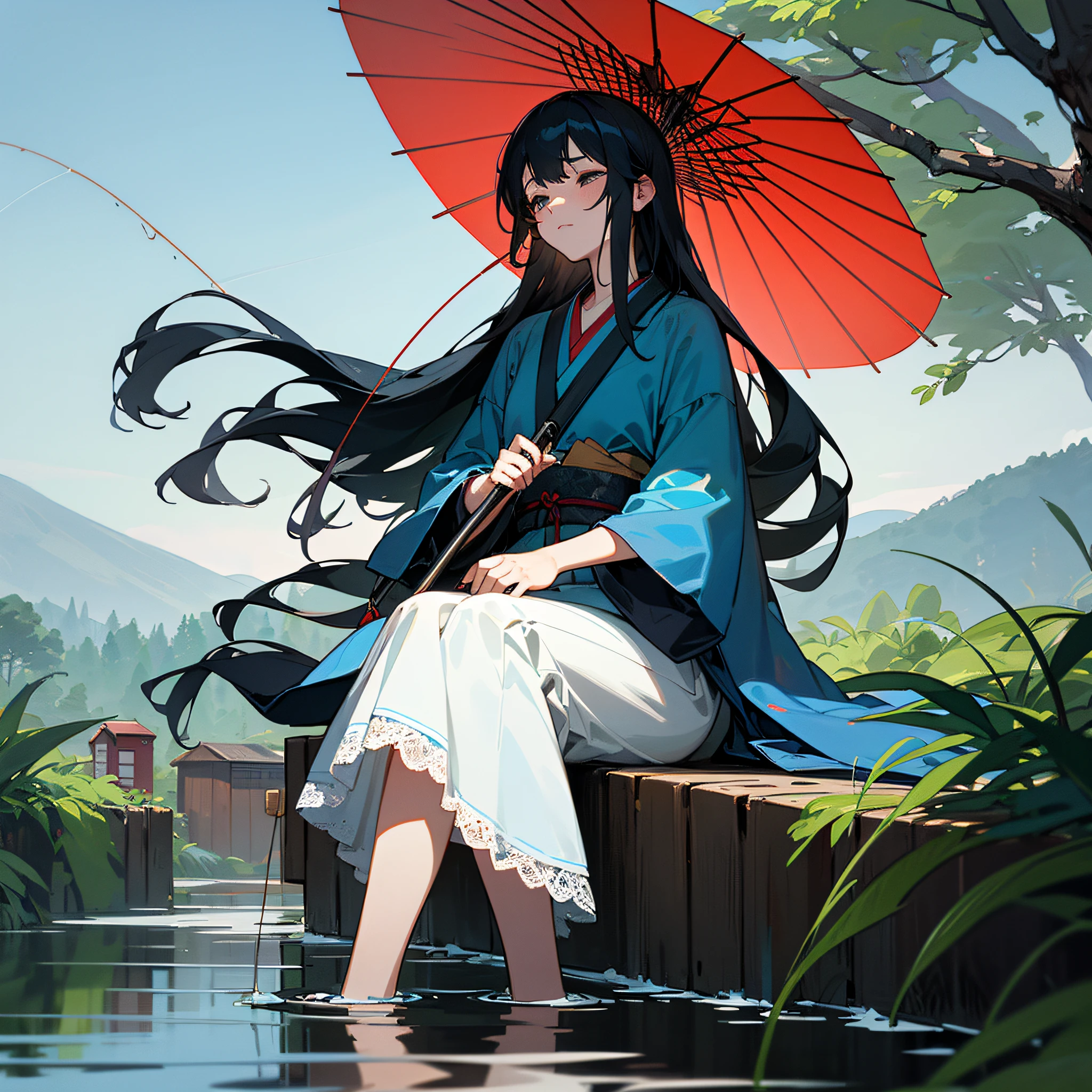 Masterpiece, atmosphere, Chinese style, (mountain water with several waterfalls visible in the distance), ((((A maiden dressed in a lace-like thin robe based on blue is sitting on a large barn, holding a fishing rod and hanging a fishing line))), (((Extremely long black hair flutters in the wind in the air))), 18 years old, (sleepy dimly opened expression)), deep in the mountains and overgrown with trees, skin gloss, hair gloss, turtle, red Japanese umbrella inserted into the ban --auto
