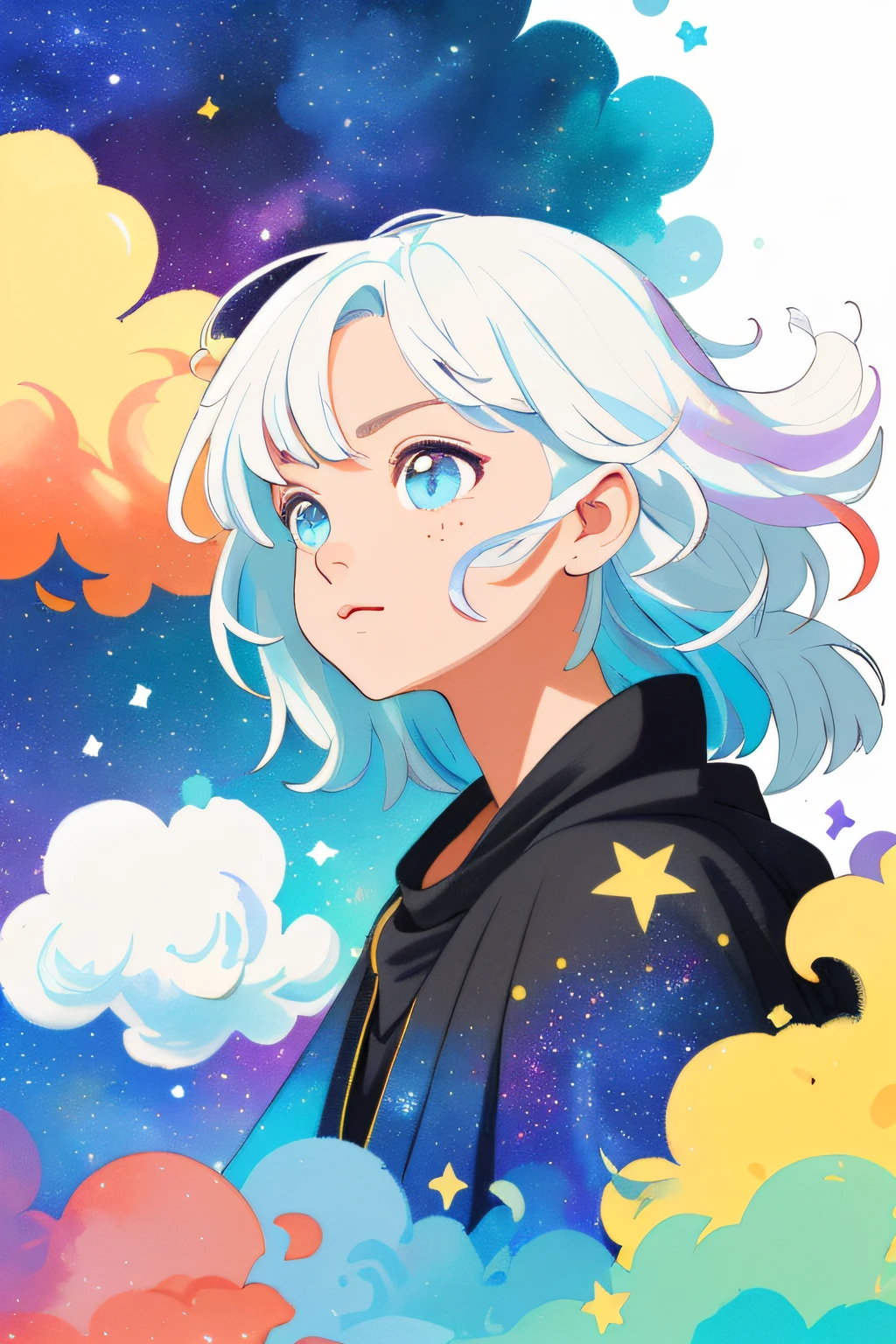 ((masterpiece)), (((best quality))), ((ultra-detailed)), ((illustration)),[realism light effect],shadow,(Fantasy style),(white background:1.6), simple background, (earth theme),(a cloak)[(hair focus,((1girl)),[(big slime hair): (cloud hair):0.3], (hair on background),(high saturation),(hair surrounded by galaxy splashes),)):((her hair is becoming galaxy clouds,:1.27628), (hair and clothes is galaxy clouds and cluster of stars:1.1025),(a cloak is becoming galaxy clouds)(colorful_galaxy_print_clusters_of_stars_print:1.35),((detailed starry sky with colorful galaxy and galaxy clouds):1.2)):0.35], (((masterpiece))),(((best quality))),((ultra-detailed)),(illustration),(dynamic angle),((floating)),(paint),((disheveled hair)),((beautiful detailed face)),collar,bare shoulders, ((colorful hair)),((streaked hair)),beautiful detailed eyes,(Gradient color eyes),(((colorful eyes))),(((colorful background))),(((high saturation))),(((surrounded by colorful splashes))),(((surrounded by colorful dot))),colorful bubble,((shining)),