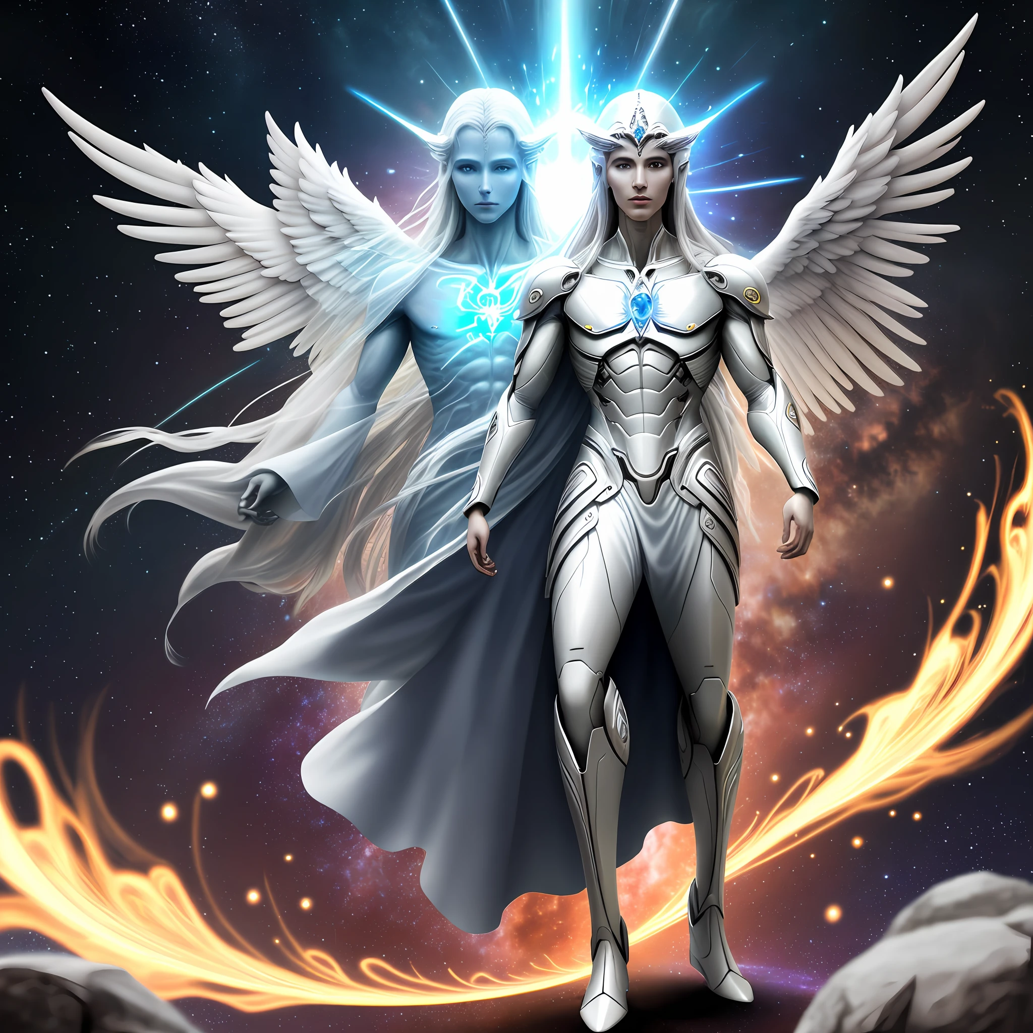 Angel Humon A couple of angels standing next to each other on a rock - SeaArt AI