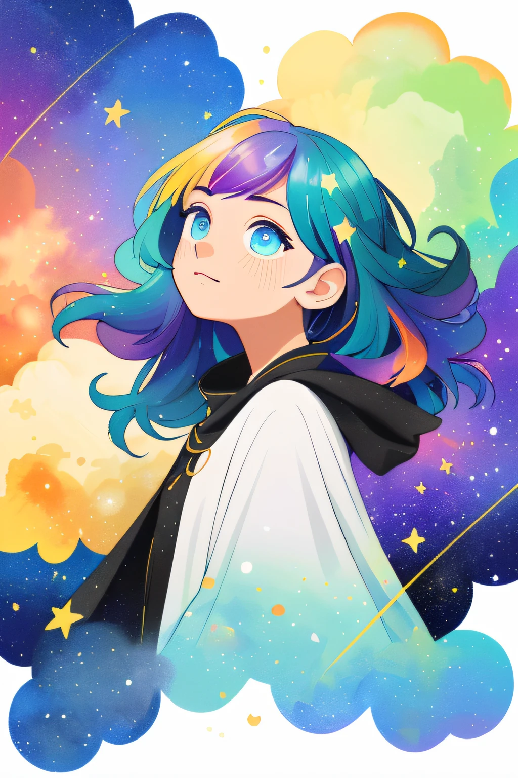 ((masterpiece)), (((best quality))), ((ultra-detailed)), ((illustration)),[realism light effect],shadow,(Fantasy style),(white background:1.6), simple background, (earth theme),(a cloak)[(hair focus,((1girl)),[(big slime hair): (cloud hair):0.3], (hair on background),(high saturation),(hair surrounded by galaxy splashes),)):((her hair is becoming galaxy clouds,:1.27628), (hair and clothes is galaxy clouds and cluster of stars:1.1025),(a cloak is becoming galaxy clouds)(colorful_galaxy_print_clusters_of_stars_print:1.35),((detailed starry sky with colorful galaxy and galaxy clouds):1.2)):0.35], (((masterpiece))),(((best quality))),((ultra-detailed)),(illustration),(dynamic angle),((floating)),(paint),((disheveled hair)),((beautiful detailed face)),collar,bare shoulders, ((colorful hair)),((streaked hair)),beautiful detailed eyes,(Gradient color eyes),(((colorful eyes))),(((colorful background))),(((high saturation))),(((surrounded by colorful splashes))),(((surrounded by colorful dot))),colorful bubble,((shining)),