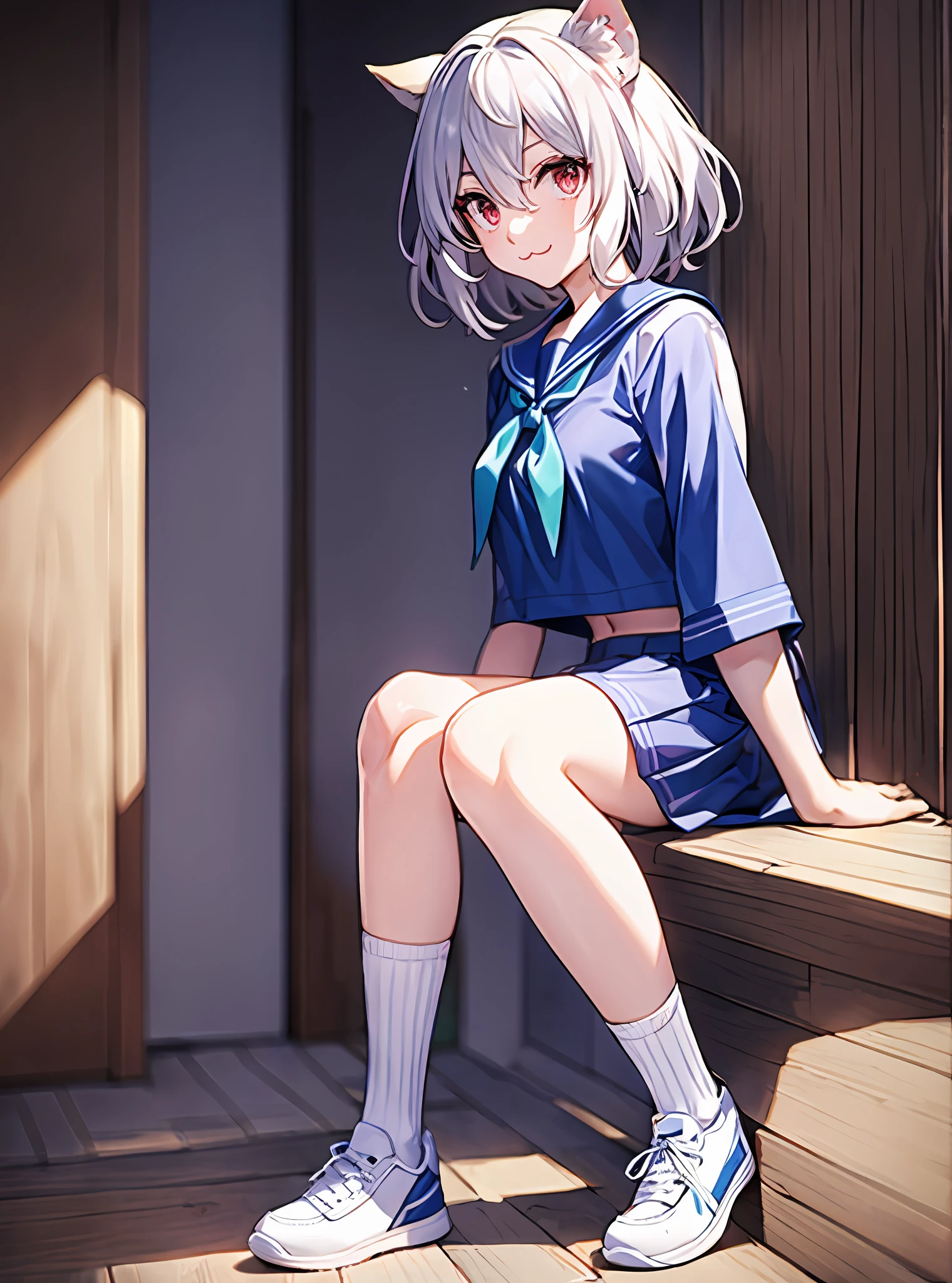 ((Masterpiece)), (Best Quality: 1.7), (detail: 1.4), (High resolution: 1.4), 8K, (color: 1.5), 2D, High resolution, Sharpen image, 4K, HD, neferpitou_hunterxhunter, 1 other, solo, red eyes, white hair, tail, white socks, animal ears, curly hair, hair between eyes, medium breasts, hermaphroditous, short hair, cat ears, blue sailor suit top with navel exposed, cat tail, (((white calf socks)), (narrow eyes), ((slim)), long legs, :3, short skirt, movie lights, (proud)), ((adult characters)), sitting, looking at the audience, front, full body, sneakers