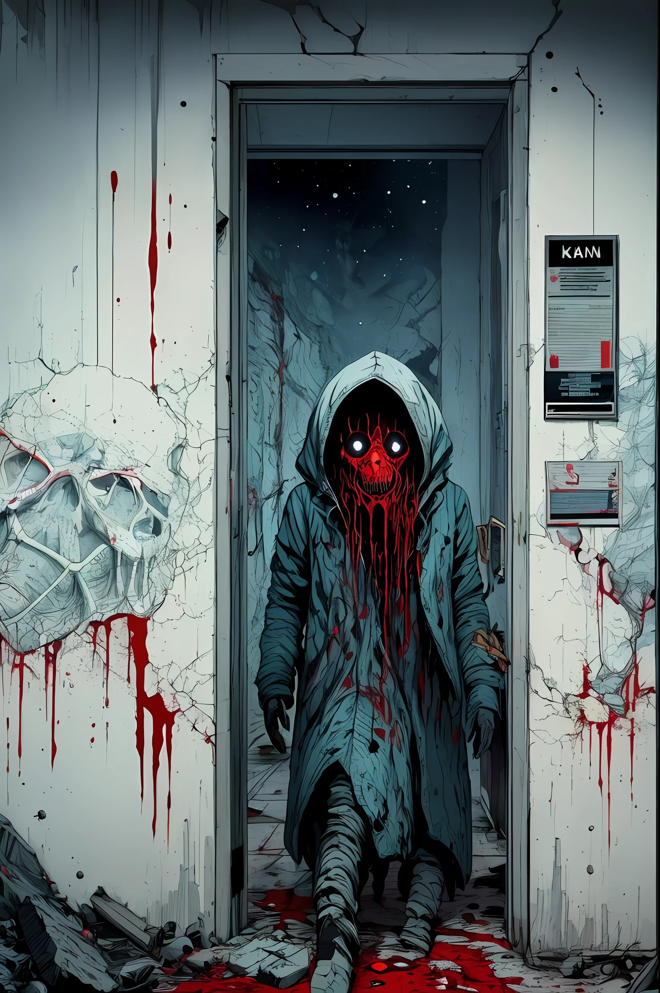 Man in straitjacket in bombed hospital corridor and with blood stains on walls , war, horror, cosmic terror, dark tones, morbid atmosphere, nuclear disaster, dystopia, catastrophe, mysticism, occult, creepy, nightmare, blood, Apocalypse, Lovecraft, Anime by Kilian Eng