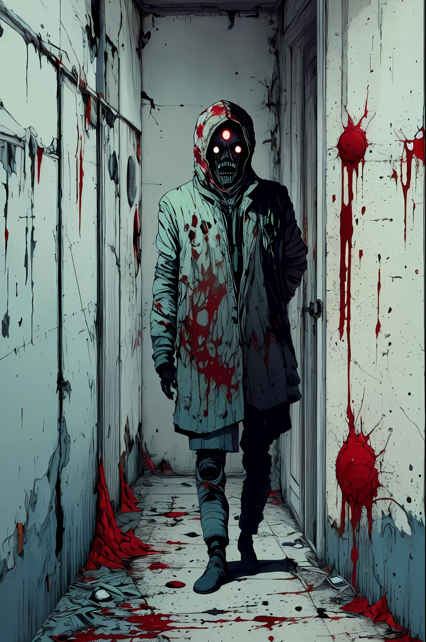 Man in straitjacket in bombed hospital corridor and with blood stains on walls , war, horror, cosmic terror, dark tones, morbid atmosphere, nuclear disaster, dystopia, catastrophe, mysticism, occult, creepy, nightmare, blood, Apocalypse, Lovecraft, Anime by Kilian Eng