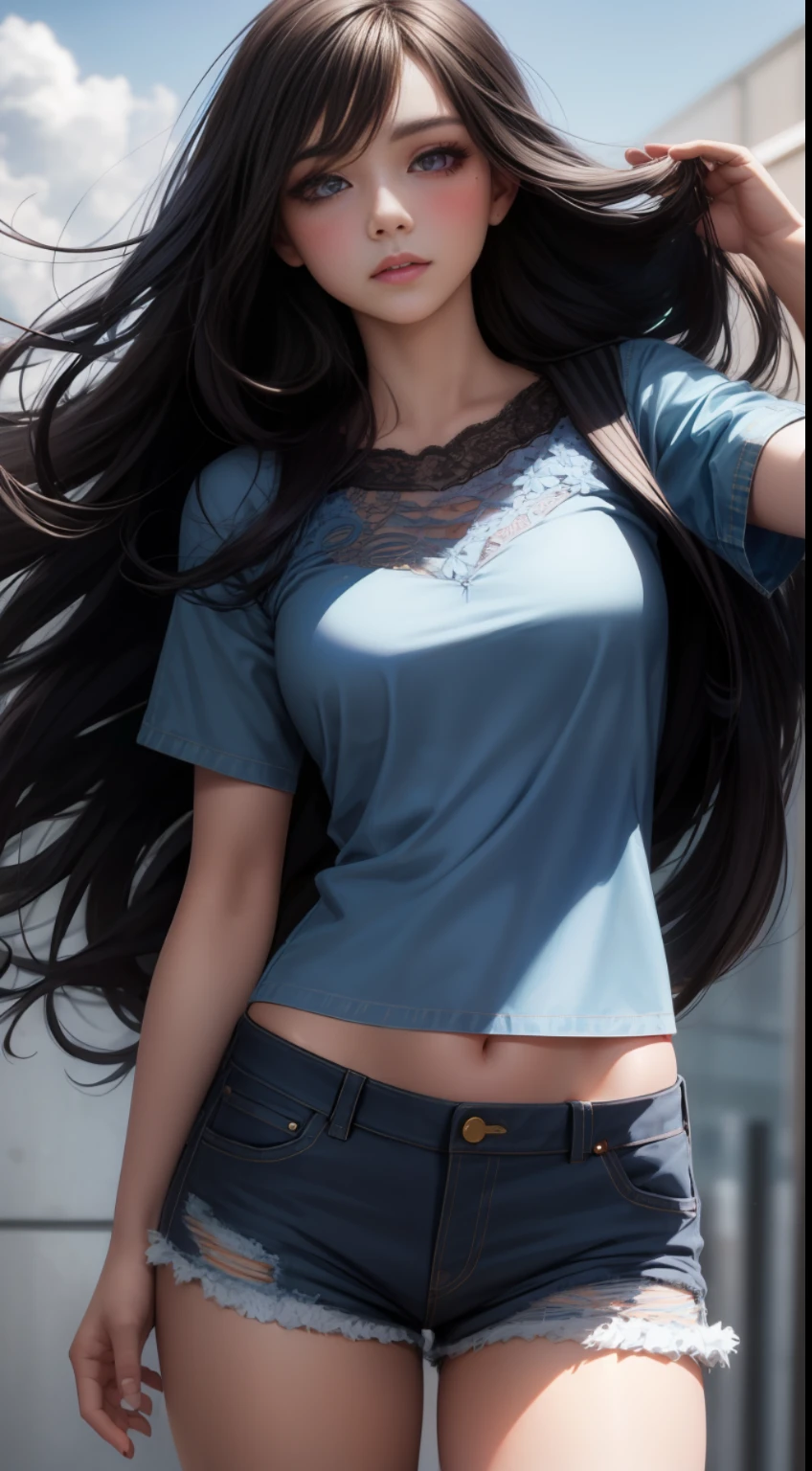 Realistic, (1girl), flowing hair, purple eyes, glowing eyes, summer, lace shirt, denim shorts, parted lips, blush, natural shadows, empty background