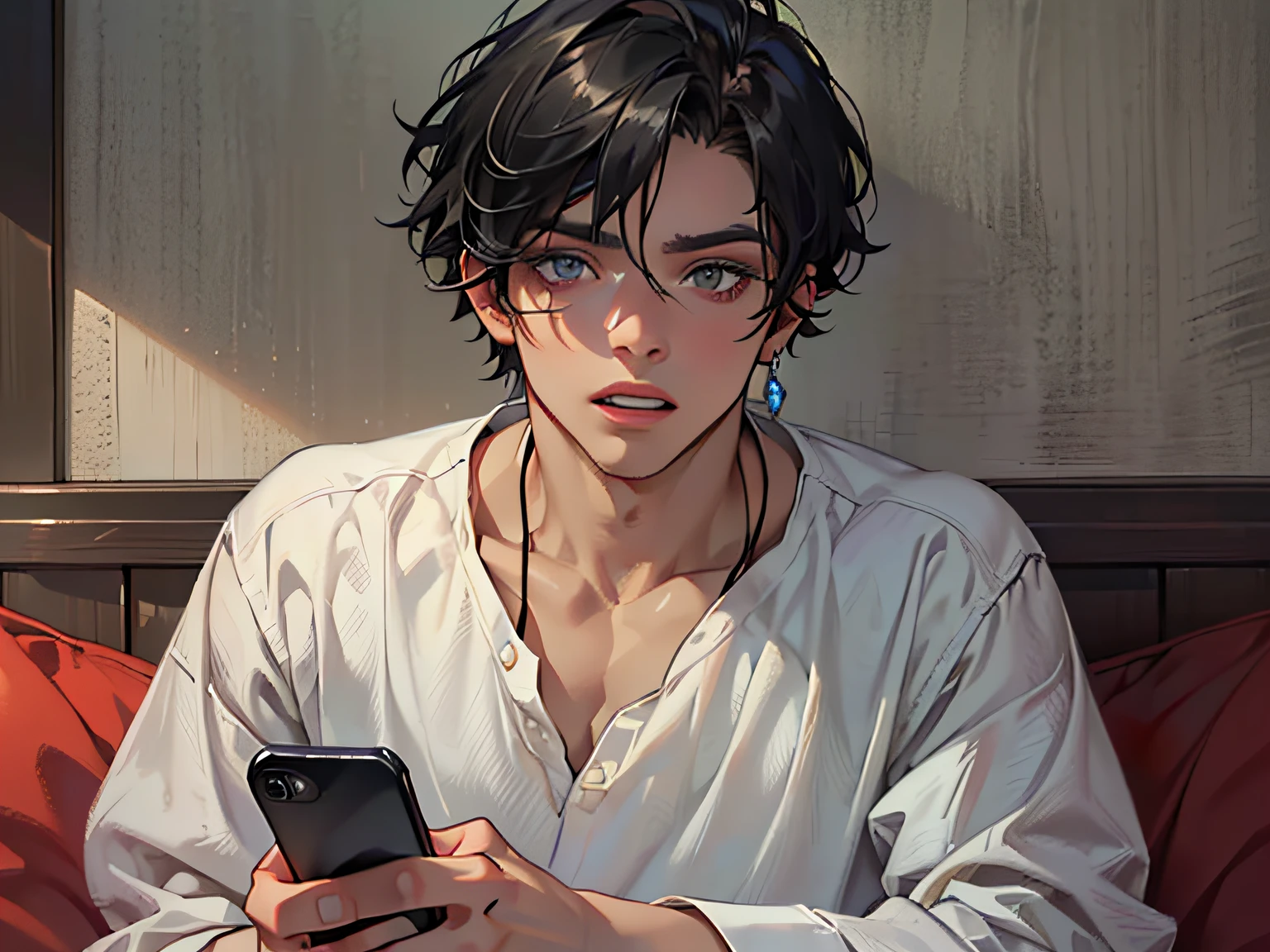 (A boy in a white shirt with short black hair sitting on the sofa looking at the camera: 1.5) (holding a mobile phone in his hand: 1.4) (eyes wide open: 1.3) (hands spread out: 1.5) (exquisite jewelry, makeup handsome, handsome, temperament: 1.5) (face with surprised expression: 1.5), masterpiece, masterpiece,