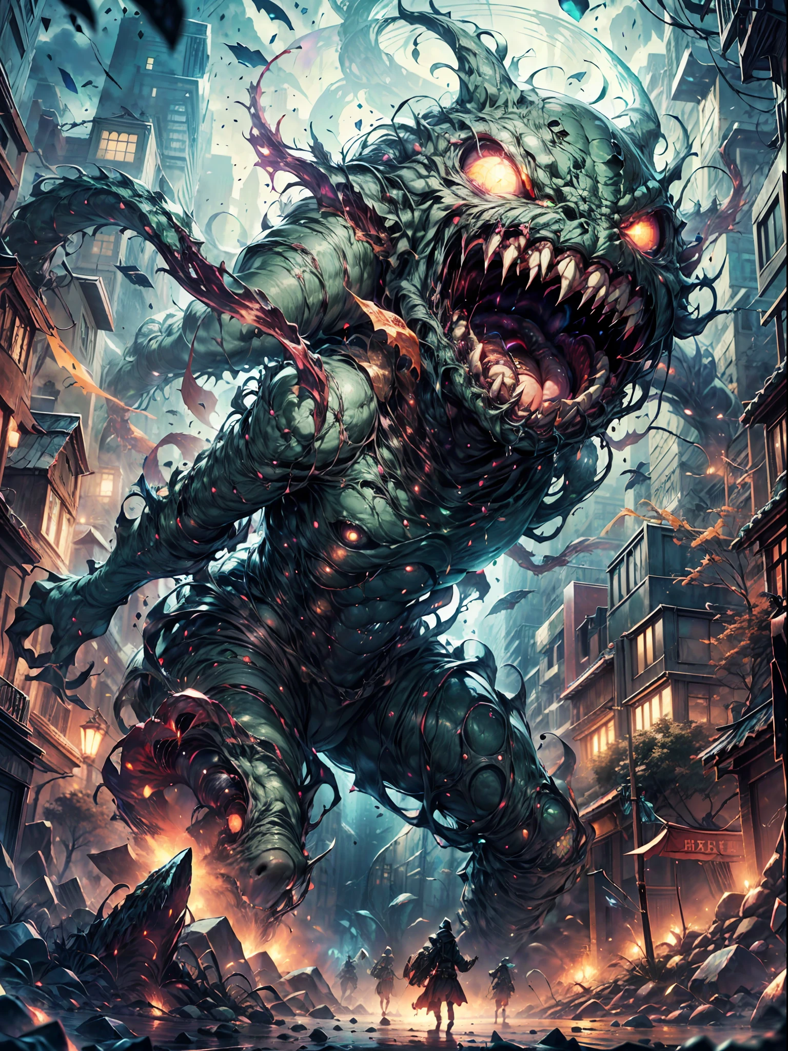 best image quality, masterpiece, super high resolution, BREAK In the depths of an otherworldly abyss, an Eldritch Abomination entity from the Cthulhu Mythos slithers into view. Its body is a writhing mass of gnarled tentacles and jagged, chitinous armor, each piece covered in an unidentifiable substance that seems to writhe and bubble on its surface. 
BREAK 
The creature's elongated head is pointed like a spear, with rows of sharp teeth lining its gaping maw. Its eyes are multiple and unblinking, each one a different color and glowing with an unearthly aura. 
BREAK 
As the entity moves, its body seems to twist and warp, defying any coherent form or structure. Its movements are jerky and unpredictable, as if controlled by some malevolent force beyond comprehension. 
BREAK 
The creature seems to emit a sickly green glow that illuminates its surroundings, casting an eerie light on the twisted and gnarled landscape around it. 
BREAK 
As you gaze upon this Eldritch Abomination, you feel a sense of dread and unease creeping up your spine. Its presence seems to twist reality itself, warping the very fabric of the universe. You can't help but wonder what kind of horrifying intentions this entity might have, and what kind of unfathomable power it might wield.