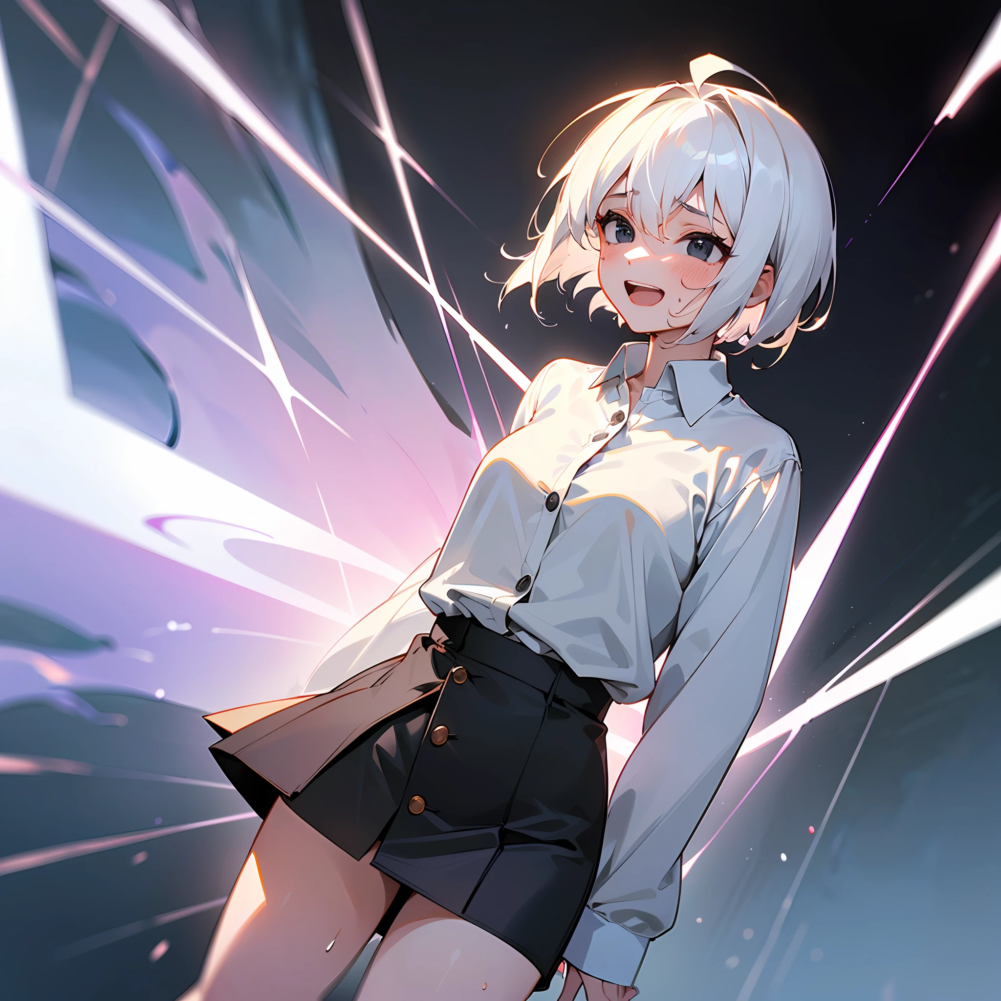 ((masterpiece, best quality)), (1girl), (solo), (female focus), (ahoge, white hair, short hair), black eyes, light smile, open mouth, ((white shirt), (buttoned shirt), (button gap), ((black dress), (short skirt), Standing, white background, arms behind, dynamic angle sweating --auto