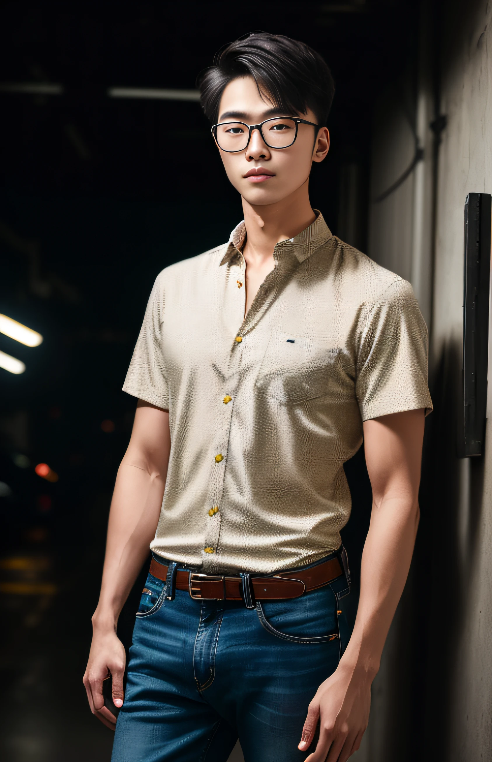 cyberpunk portrait photography, 20 years old Korean,web designer, wear glasses,handsome young man looking off camera, super realistic face, eyes visible through hair, Crew Cut:hair style, proper eye position, natural skin, soft light, rim light, in studio, detailed background, intricate , highly detail, octane render, HD, 8k, by Annie Leibovitz,120mm, shoulder,front view,wearing a Simple beige shirt and denim jeans,