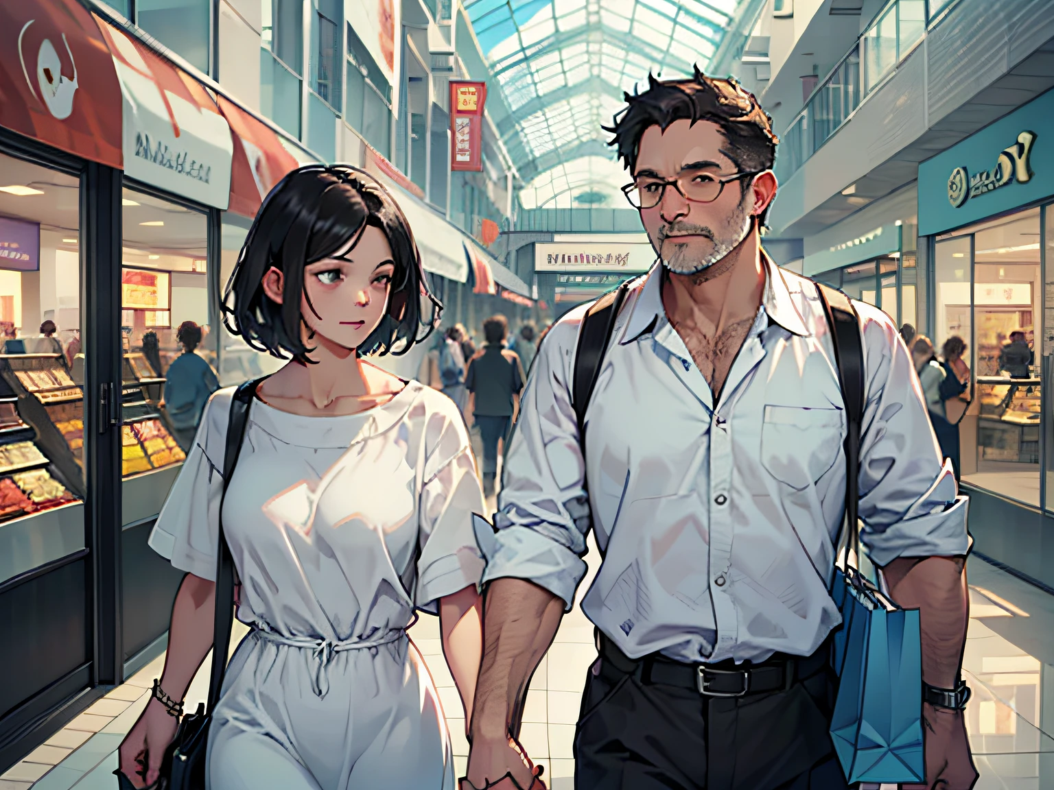 (In a bustling shopping mall, a middle-aged man in a white shirt and short black hair and a middle-aged woman in a white shirt hold hands: 1.5) (Holding a bag in his hand: 1.4) (Eyes open: 1.3) (Hands outstretched: 1.5)