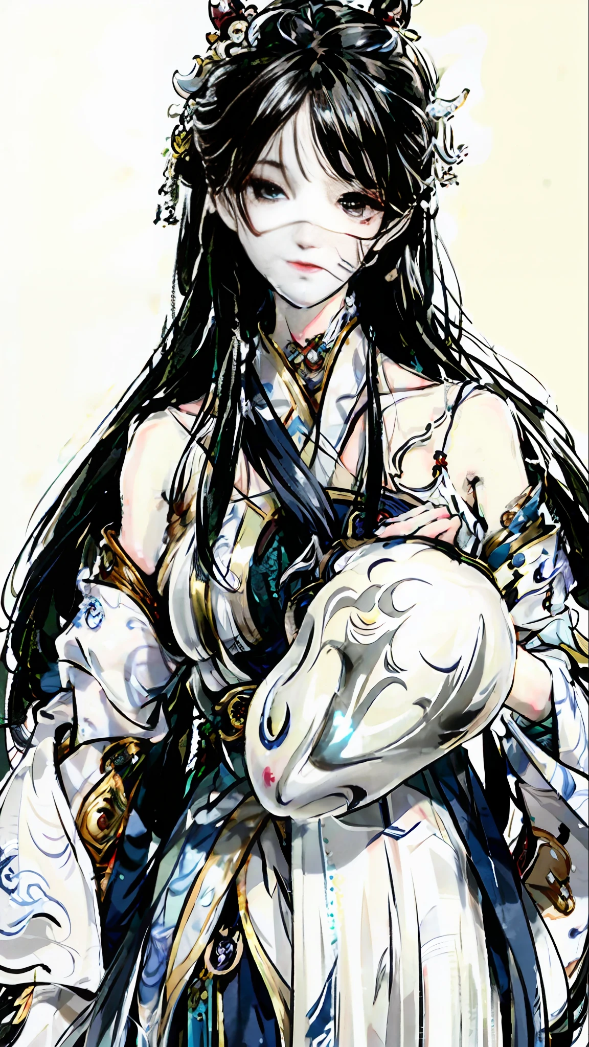 Close-up of a woman with white hair and white mask, beautiful figure painting, Guviz, Guwiz style artwork, white hair god, Yang J, epic exquisite character art, stunning character art, Fan Qi, Wu Zhun Shifan