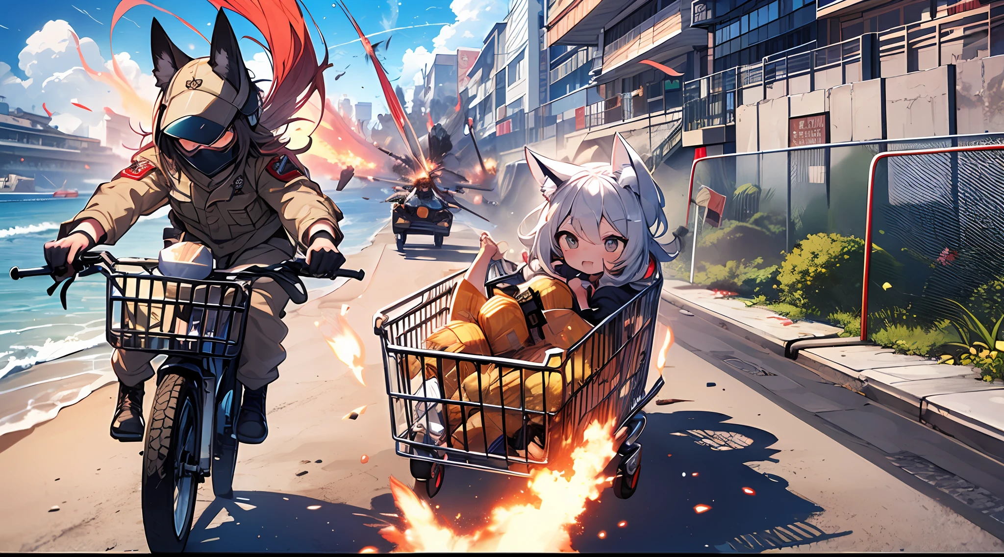 shopping cart,explosion,shopping,beach,fox girls,, zooming through the streets, riding in the shopping cart, military uniforms, soldiers, stuffing the cart with weapons and ammunition, summer, beach, explosion, action-packed scene, dynamic poses, adrenaline-filled adventure, vibrant colors, fox girl, shopping, action, beach.