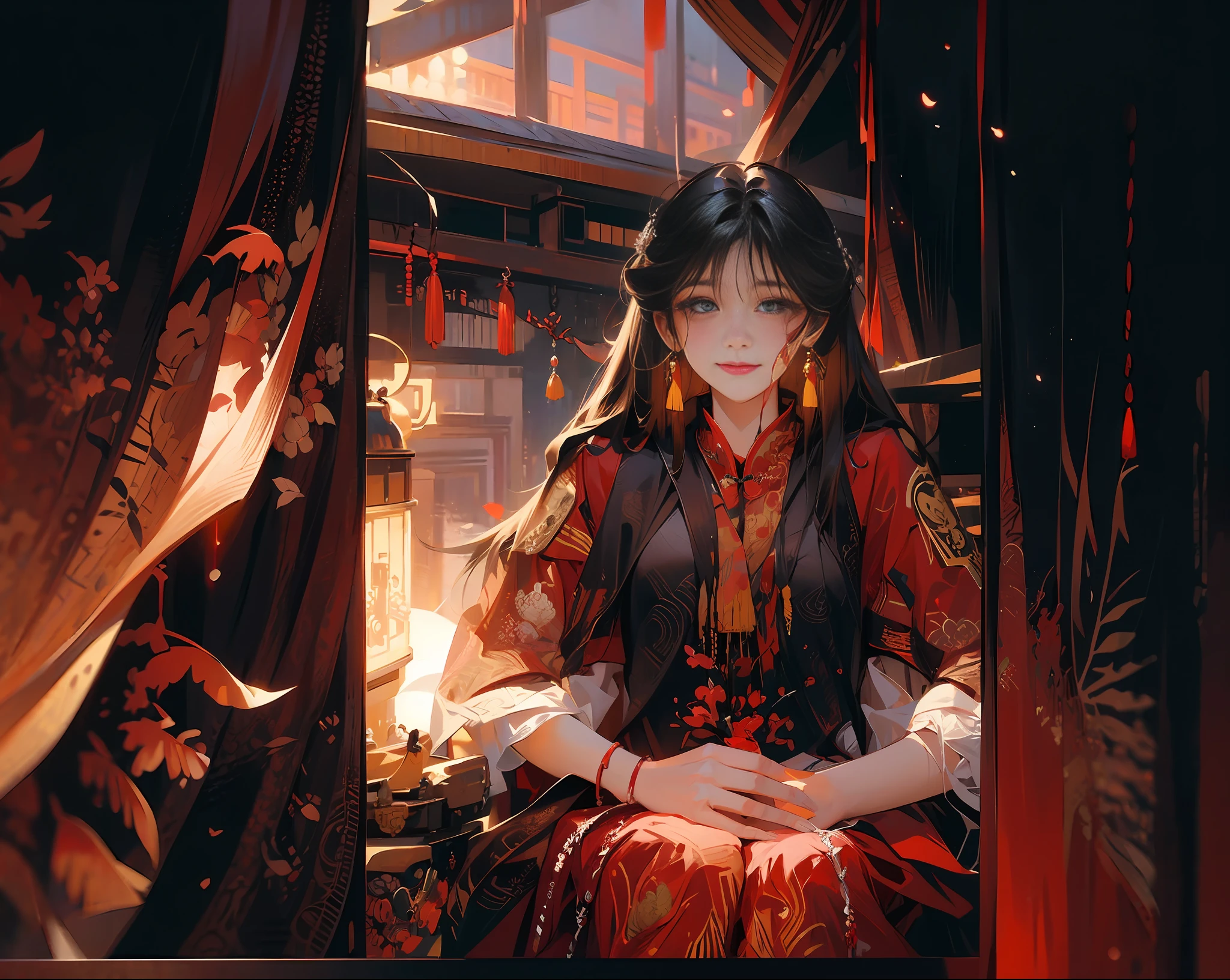 Sitting on bed with blood and tears in red dress, traditional beauty, inspired by Du Qiong, with ancient Chinese clothing, wearing red Xiuhe dress, Chinese style, bride, ghost groom, Chinese girl, Ruan cute vtuber, Ao Dai, Lalisa Manobal, gorgeous Chinese model, ghost film, Chinese horror story,