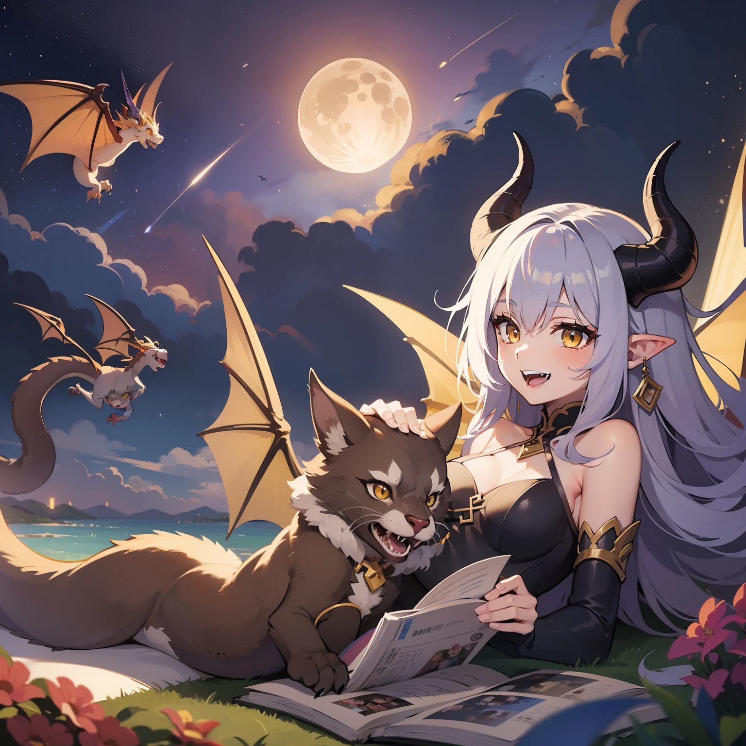 Little monster girl, horns, tail, dragon wings, yellow eyes, cute, natural laugh, fangs, flying in the sky, starry river, cute little dragon, perfect, coordinated human structure, lying on your stomach, reading, smiling, seduction