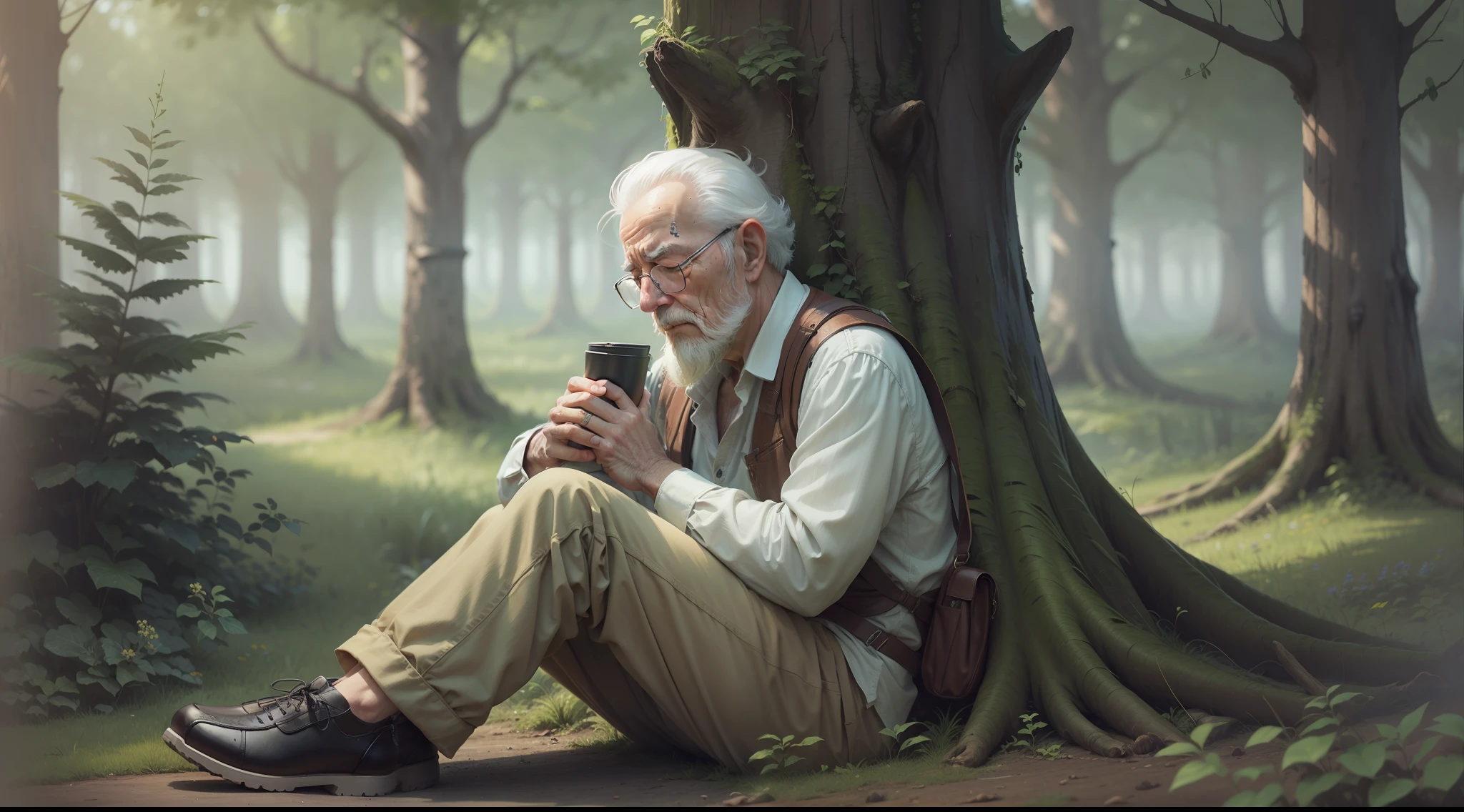 Old man sleeping in the forest