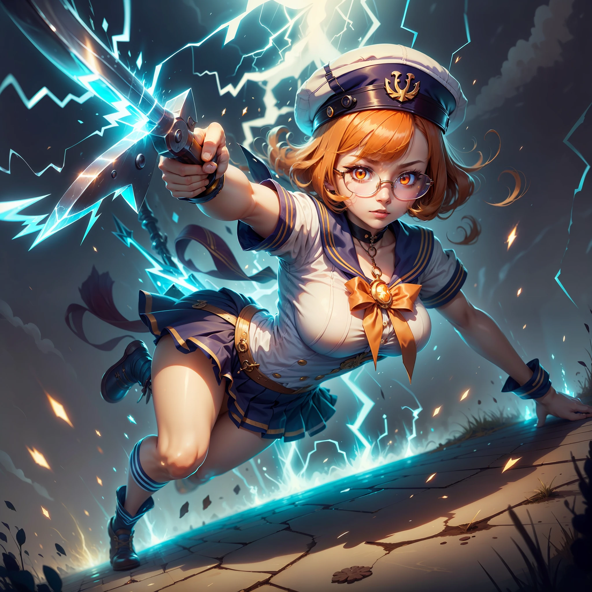 Big tits. Glasses. Orange eyes. Orange hair. Sailor's uniform. Magical girl. Weapon is an axe. Anime Girl. short hair. sailor's cap. anime style eyes. anime key visual. perfect pupil. solo. top quality, LightningMagicAI,