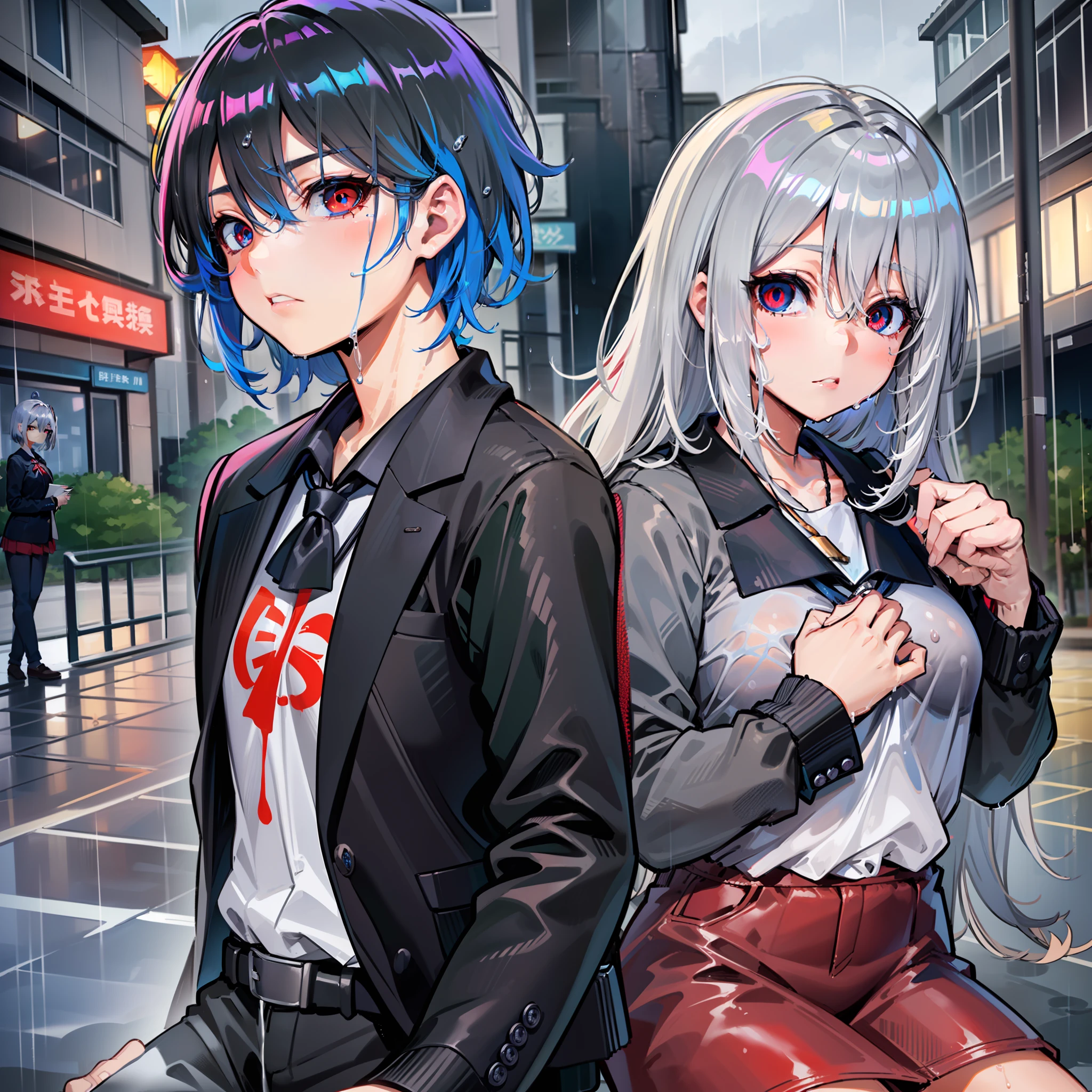 (masterpiece), (best quality), highres, ((((1girl she has gray hair with blue eyes and 1boy he has short black hair with red eyes who are classmates))))), ((((They have different hair colors and eyes do not confuse)))), (draws Kei and kiyotaka ayanokoji looking at each other), (2schoolmates who are Kei and kiyotaka ayanokoji looking at each other), (kei1), (1girl), solo, ((((she has blue eyes)))), (she has long hair), (she wears a school uniform), (she has ribbon), (she has bangs), collarbone, she has gray hair, she has black hair band, she has neck ribbon, hair between her eyes, she has medium breasts, cowboy shot, she is looking seriously at kiyotaka ayanokoji, anatomically correct whole body, is standing in the street with rain falling, this with a sad and worried face, full stubborn detached, (1boy), (kiyotaka ayanokoji), 15 year old, school uniform white shirt black jacket open jacket red tie long black pants sitting, (((((he has red eyes))))), ((he has short black hair)), whole body anatomically correct, he has a necklace of jesus around his neck, normal legs, wears black shoes, (he's looking at Kei1 or the girl), ((he's in front of kei wanting to give her his black jacket so she doesn't get wet so much)) , is facing Kei, (emotional scene), (mysterious), (detailed full escenario), (((((They're soaking with a lot of passion and hugging))))), ((((They're being wet by the rain along with their clothes)))), ((Their bodies are anatomically correct and detailed without error))
