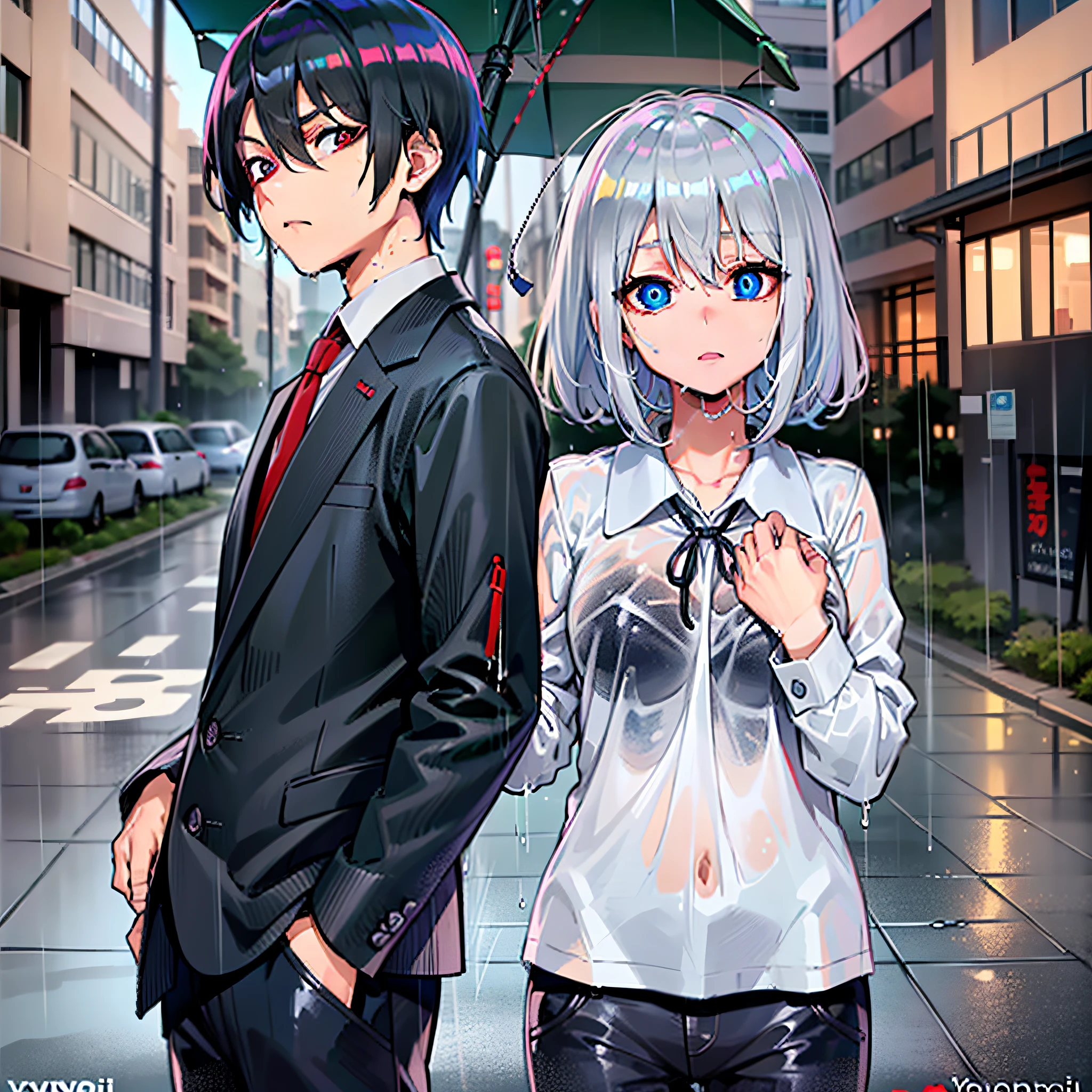 (masterpiece), (best quality), highres, ((((1girl she has gray hair with blue eyes and 1boy he has short black hair with red eyes who are classmates))))), ((((They have different hair colors and eyes do not confuse)))), (draws Kei and kiyotaka ayanokoji looking at each other), (2schoolmates who are Kei and kiyotaka ayanokoji looking at each other), (kei1), (1girl), solo, ((((she has blue eyes)))), (she has long hair), (she wears a school uniform), (she has ribbon), (she has bangs), collarbone, she has gray hair, she has black hair band, she has neck ribbon, hair between her eyes, she has medium breasts, cowboy shot, she is looking seriously at kiyotaka ayanokoji, anatomically correct whole body, is standing in the street with rain falling, this with a sad and worried face, full stubborn detached, (1boy), (kiyotaka ayanokoji), 15 year old, school uniform white shirt black jacket open jacket red tie long black pants sitting, (((((he has red eyes))))), ((he has short black hair)), whole body anatomically correct, he has a necklace of jesus around his neck, normal legs, wears black shoes, (he's looking at Kei1 or the girl), ((he's in front of kei wanting to give her his black jacket so she doesn't get wet so much)) , is facing Kei, (emotional scene), (mysterious), (detailed full escenario), (((((They're soaking with a lot of passion and hugging))))), ((((They're being wet by the rain along with their clothes)))), ((Their bodies are anatomically correct and detailed without error))