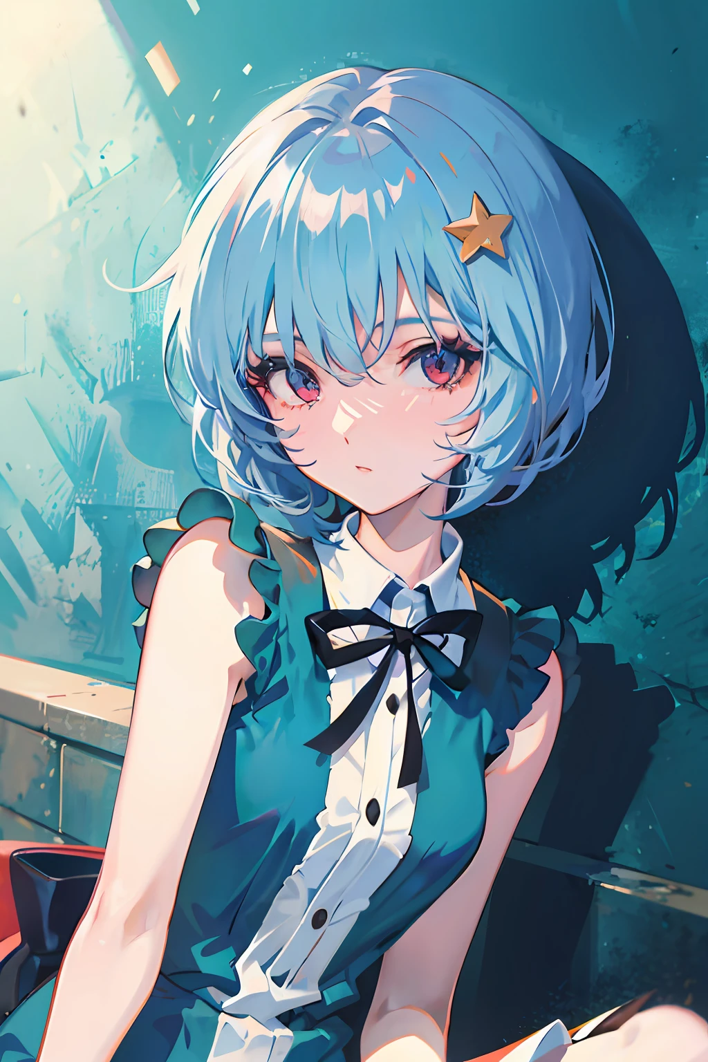 Short blue haired girl, anime style