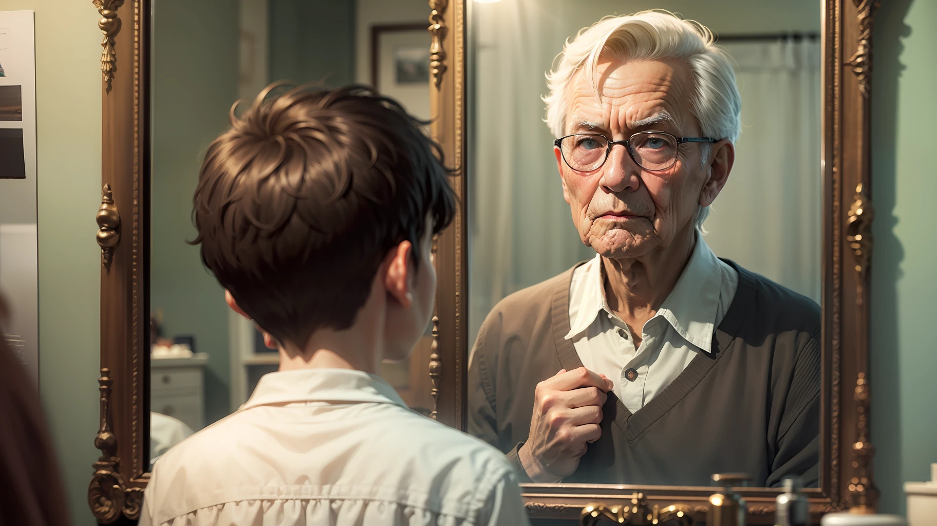 Boy looking in the mirror and seeing an old man