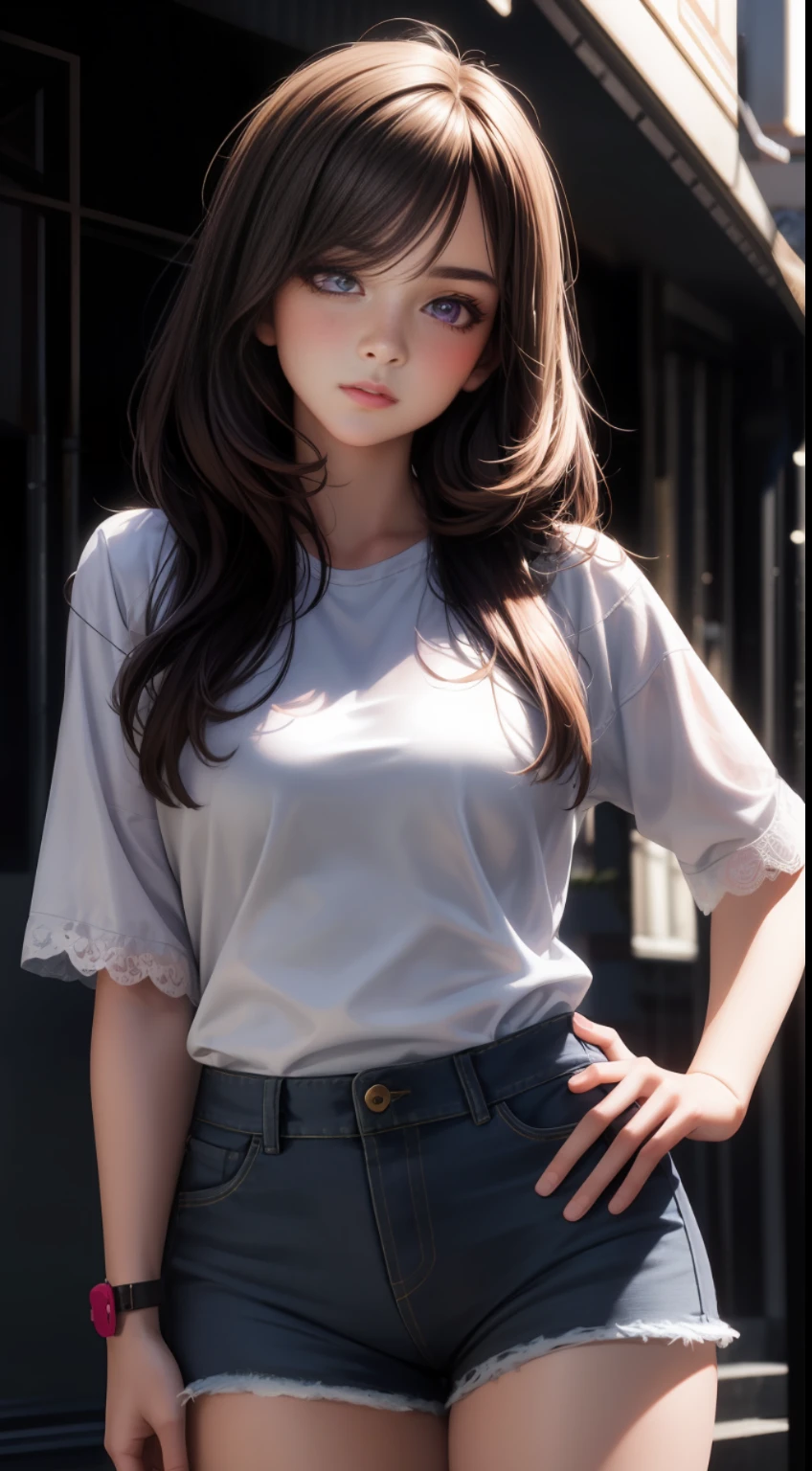 Realistic, (1girl), flowing hair, purple eyes, glowing eyes, summer, lace shirt, denim shorts, parted lips, blush, natural shadows, empty background
